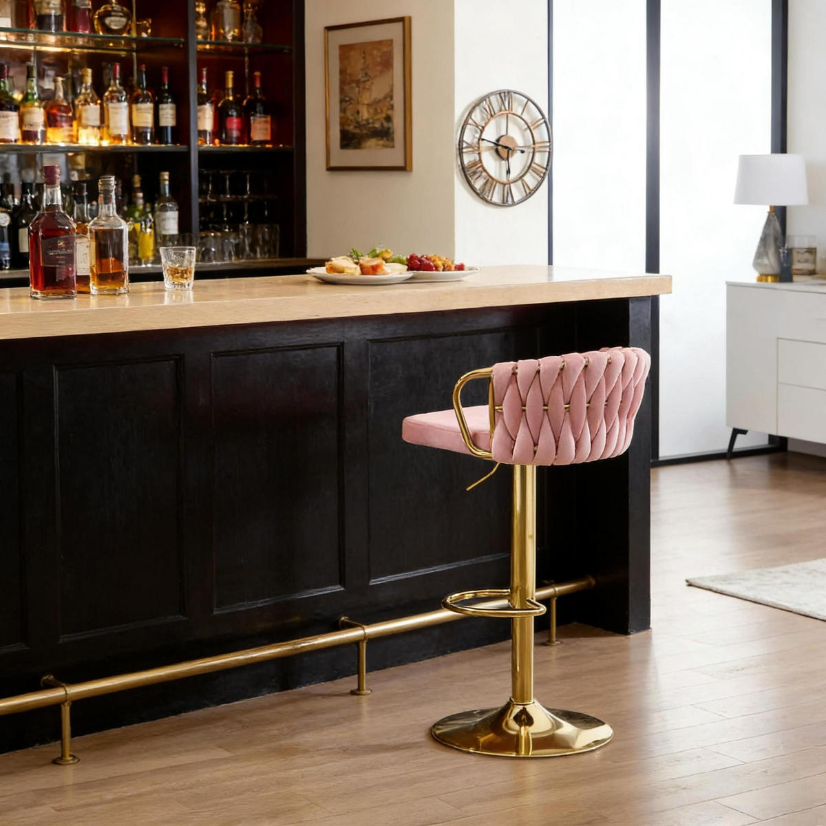 BARHOCKER drehbar höhenverstellbar Samt Pink - Pink, Metall (49.5/98/50.5cm) - Meubliv