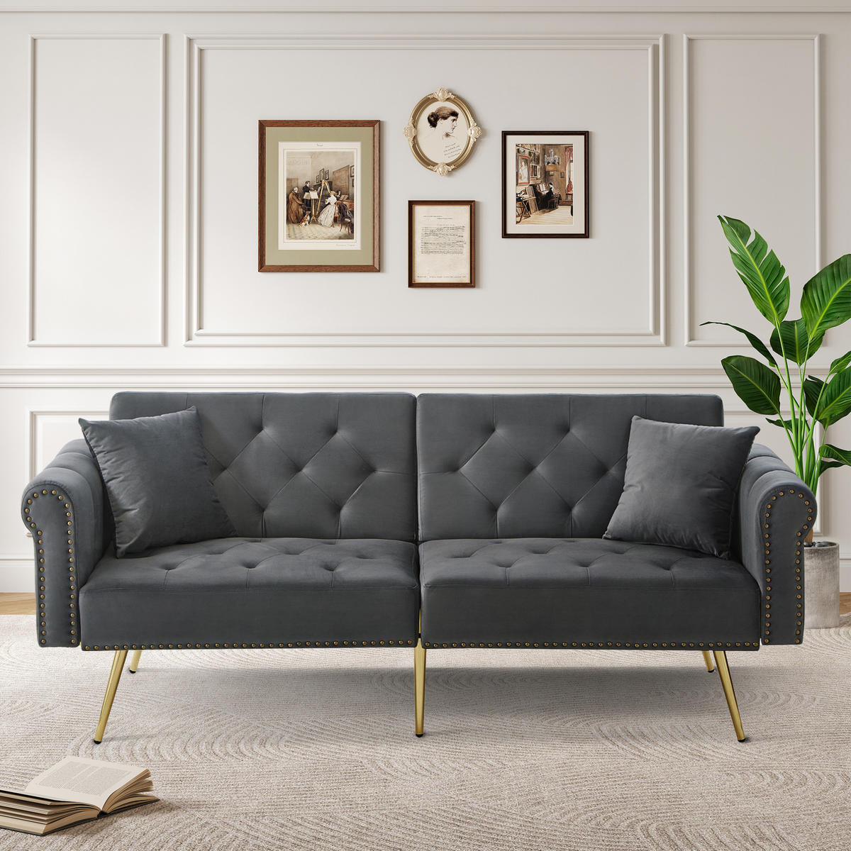 SCHLAFSOFA mit Schlaffunktion 147 x 85 cm Samt Antique Gray 2er-Kissen - Grau, Kunststoff (173/70/75cm) - Meubliv