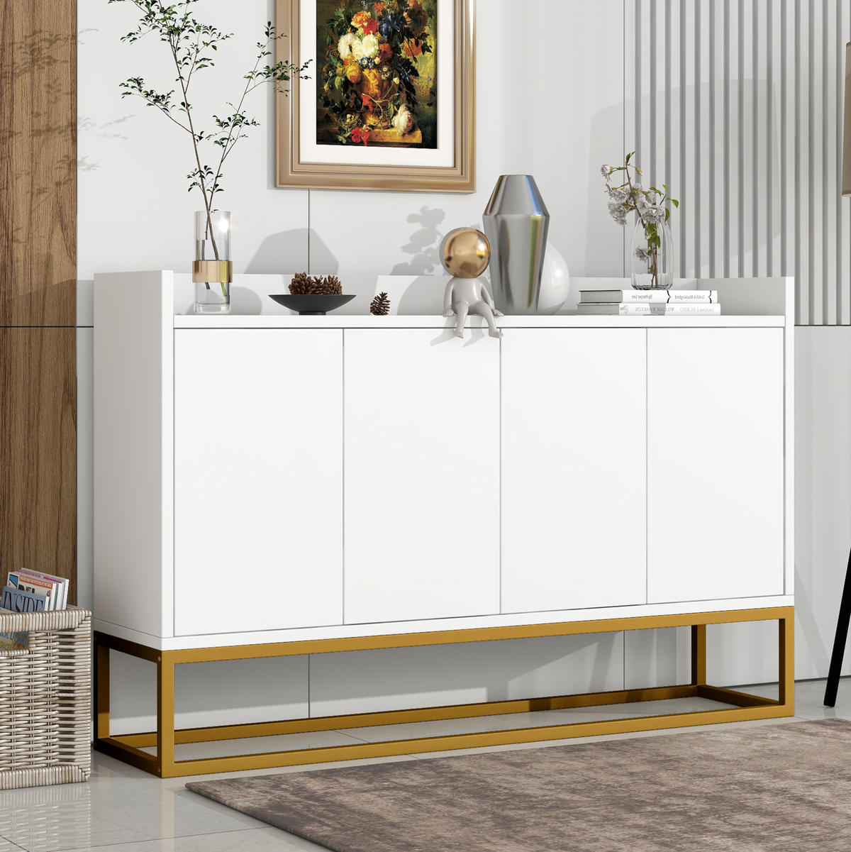 SIDEBOARD 120/30/80 cm in Weiß, grifflos mit 4 Türen & Metallrahmen - Weiß, Holzwerkstoff (120/80/30cm) - BEAOK