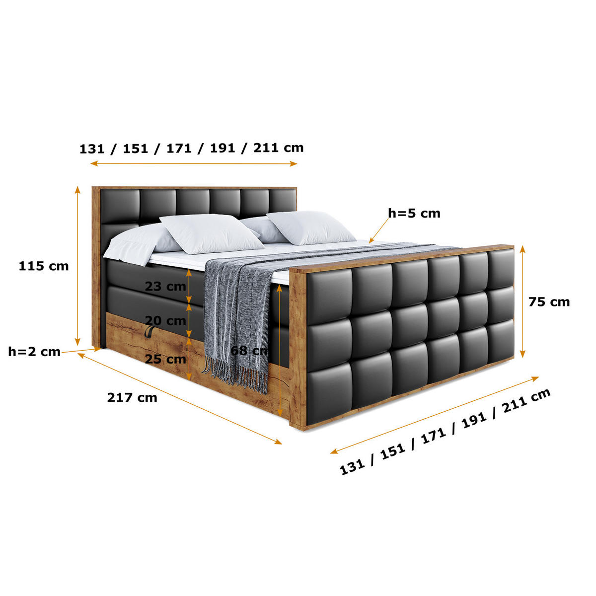 BOXSPRINGBETT mit Matratze H3|H4 und Lattenrost - LOLLI2-Z KING-160x200 - Schwarz Kunstleder - Schwarz, Holzwerkstoff (160/200cm) - ALTDECOR