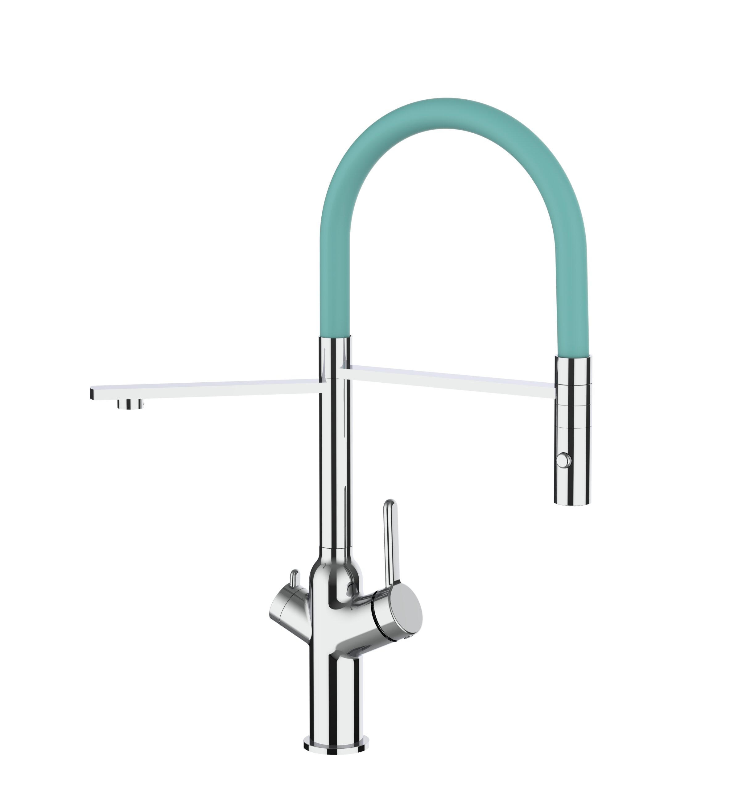 4-WEGE-KÜCHENARMATUR, Verchromt und Türkis, 2-Strahl-Brause - Chromfarben, Metall (20.61/48/20.61cm) - VIZIO