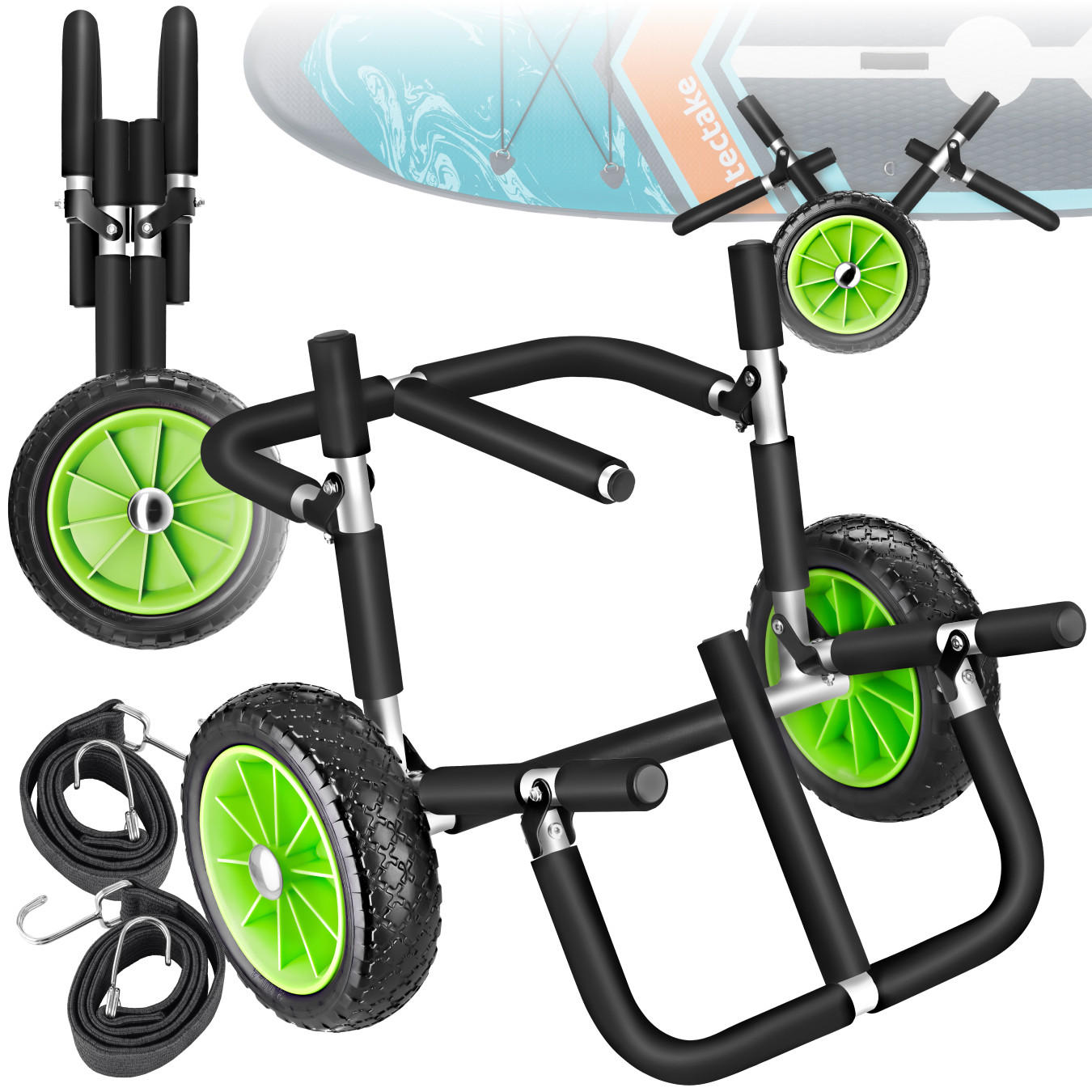 SURFBOARD TRANSPORTWAGEN Wavewheel,inkl. 2 Sicherungsgurte, 62 x 53 x 49 cm,schwarz/grün - Schwarz/Grün, Metall (53/62/0.49cm) - tectake