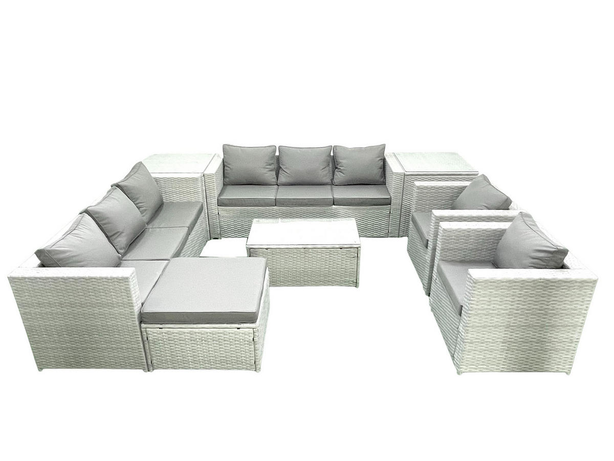 GARTENGARNITUR mit 3-SITZER SOFA,COUCHTISCH Polyrattan Hellgrau-Mix 9-Sitzer - Hellgrau/Grau, Glas/Kunststoff - Fimous