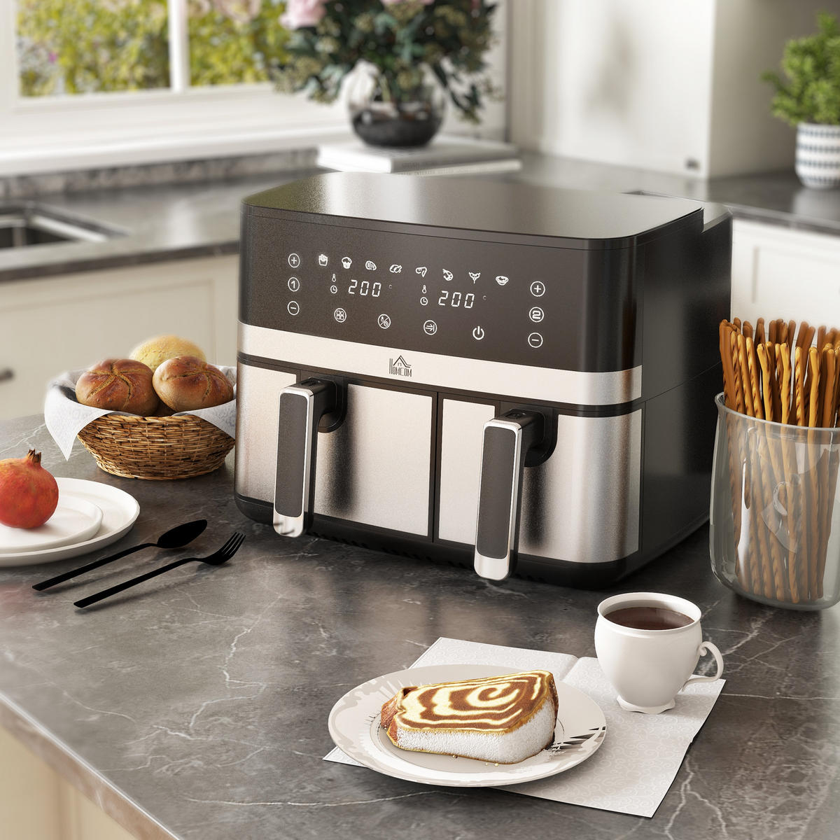 HEISSLUFTFRITTEUSE DE-07932 2 Körbe (5,2 L & 3,3 L), 8 Programme Schwarz+Silber - Schwarz, Metall (39.2/31.1/41.8cm) - ComfortXL