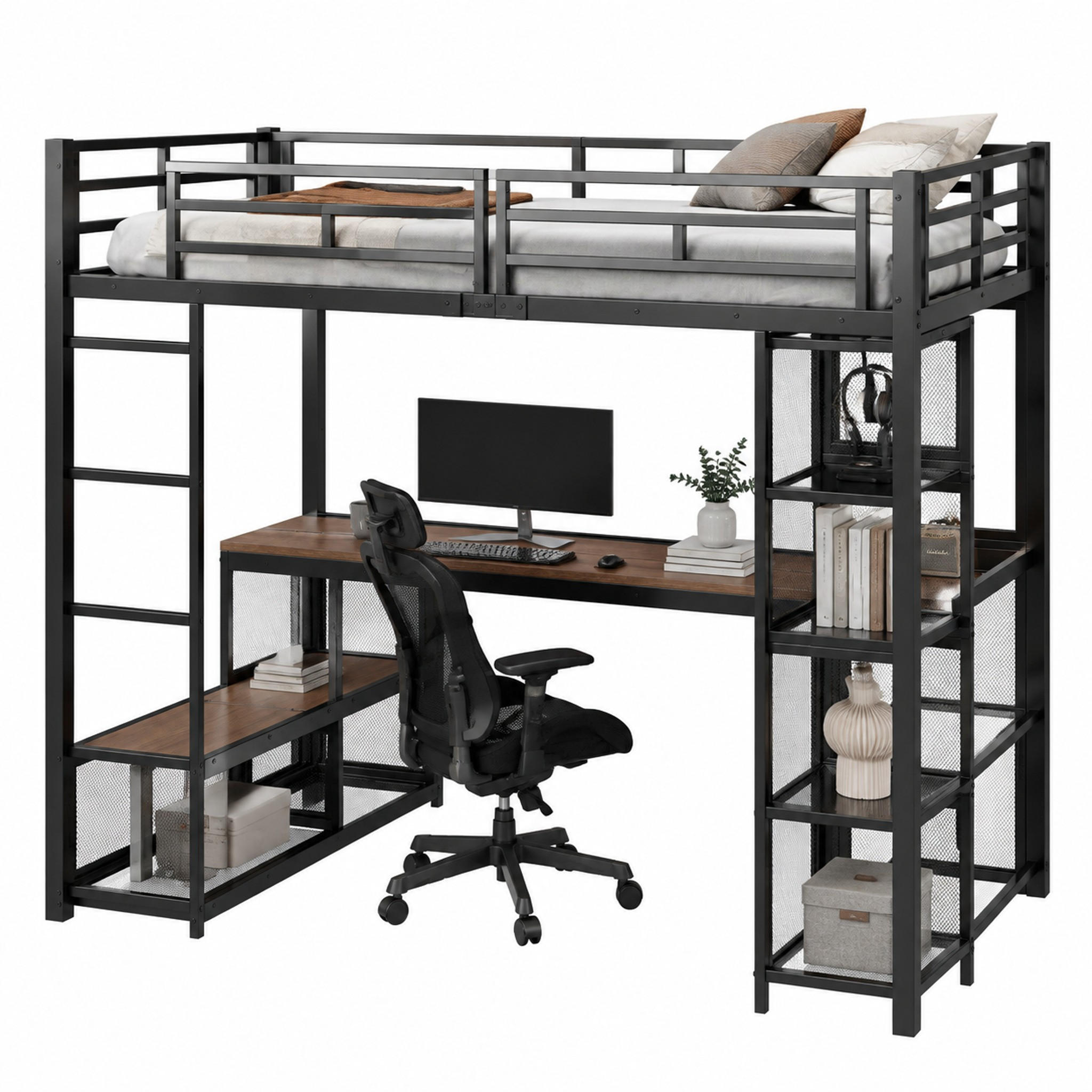 HOCHBETT mit Schreibtisch 140x200 cm Metall Schwarz 3-tlg. - Schwarz, Metall (140/200cm) - Meubliv