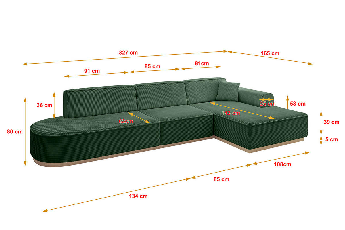 ECKSOFA Ottomane Rechts IREA-L2 - 327x165x80 cm Grün - Currygelb, Holzwerkstoff/Textil (327/165cm) - ALTDECOR