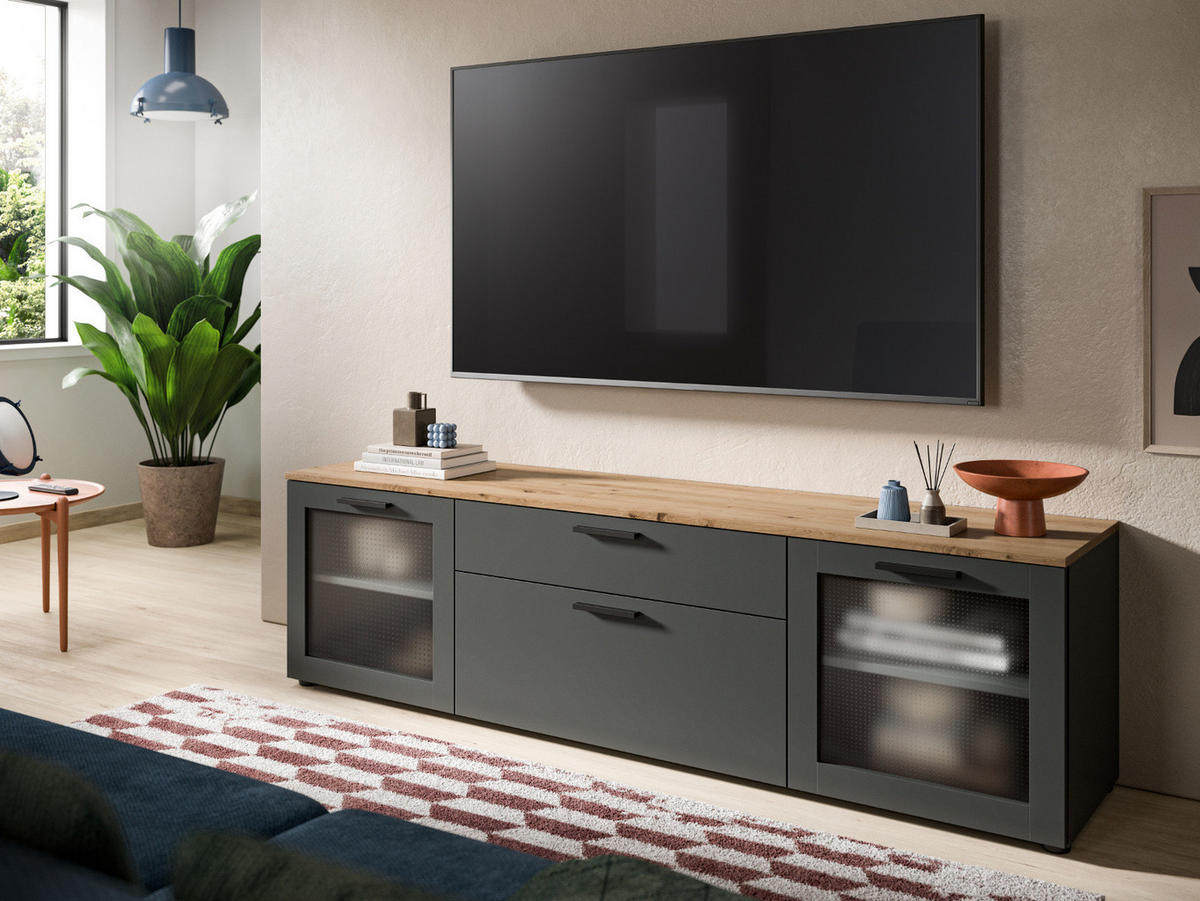 TV-LOWBOARD grau, Eiche 185 cm, TV-Unterteil mit Soft-Close - Schwarz/Eiche Artisan, Glas/Holzwerkstoff (185/52/40cm) - Inn.Furn