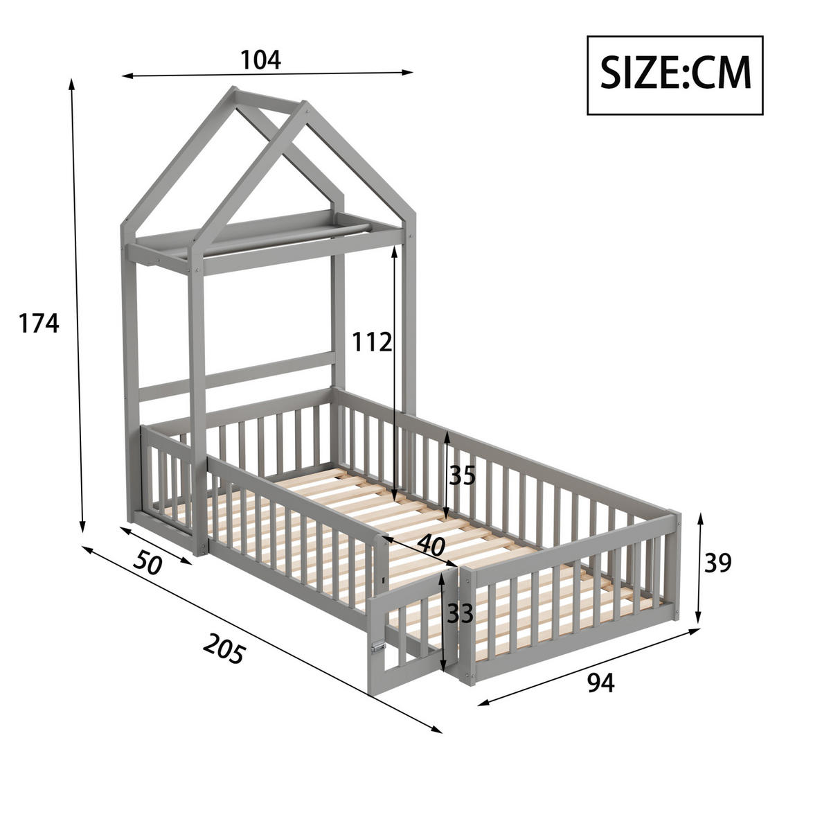 HAUSBETT 90/200 cm in Grau – mit Dachaufbau, Tür und Stauraum - Grau, Holz (90/200cm) - BEAOK
