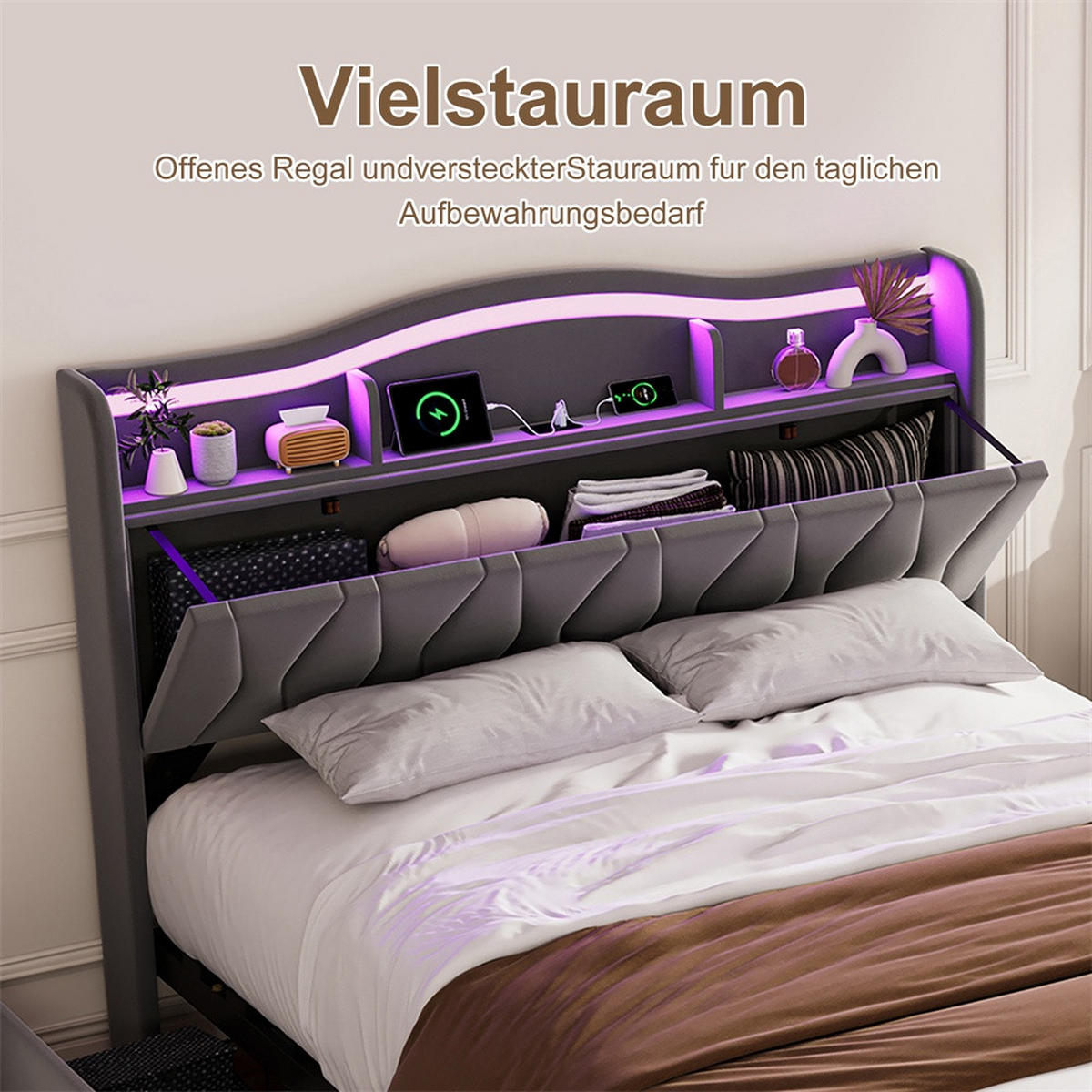 POLSTERBETT 140x200cm - Doppelbett mit 4 Schubladen - RGB-LED-Beleuchtung - Stauraum-Kopfteil - ohne Matratze - Grau - Grau, Textil (140/200cm) - DELFA
