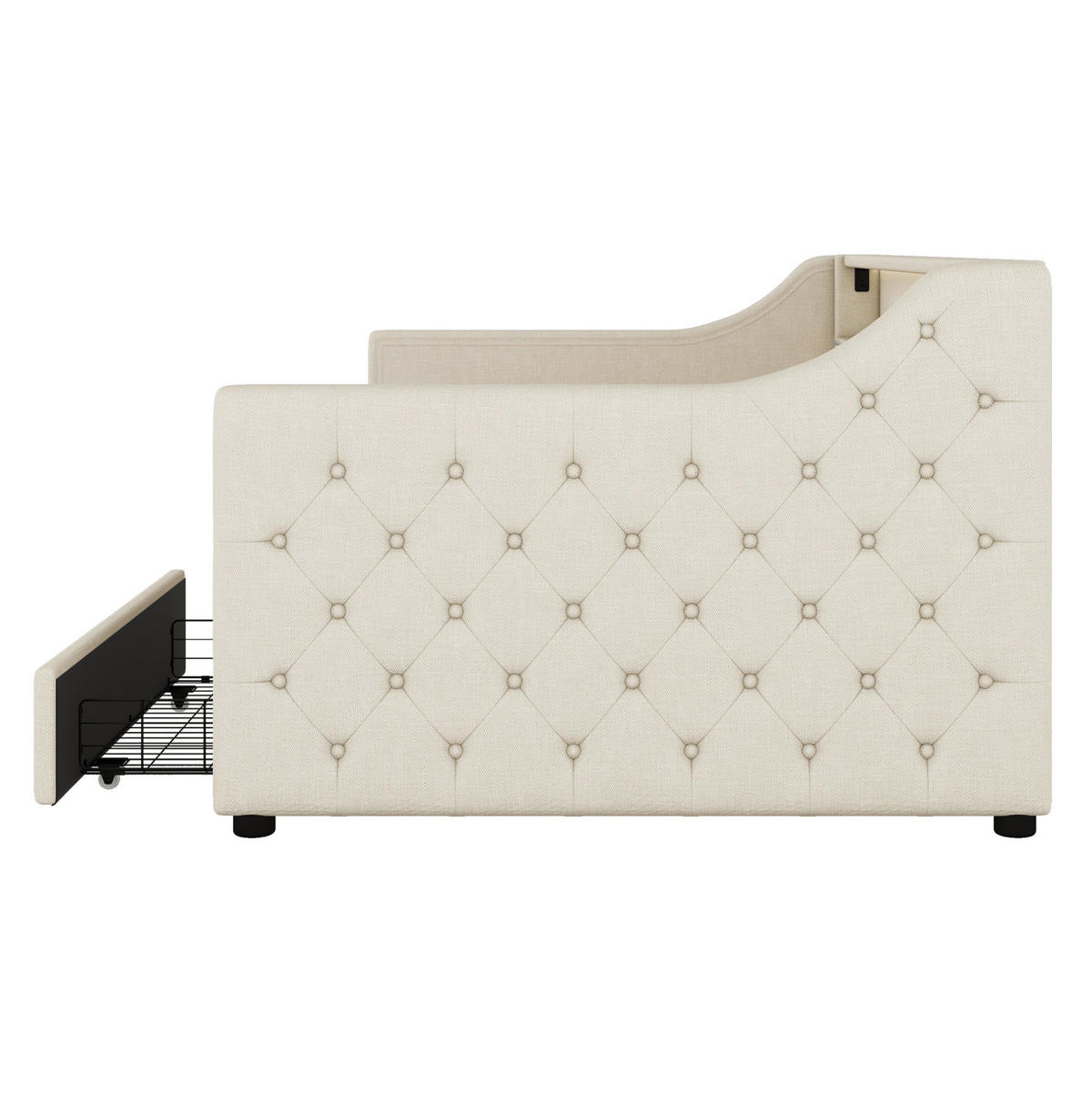POLSTERBETT aus Leinen 90x200 cm in Beige mit LED-Beleuchtung & USB-Ladebuchse - Beige, Textil (90/200cm) - Modfu