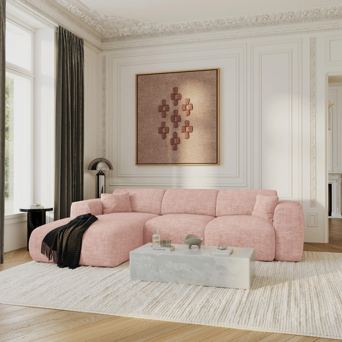 ECKSCHLAFSOFA Texturierter Samt Vintage Pink 283cm - Pink, Textil (283/180cm) - Sia Home