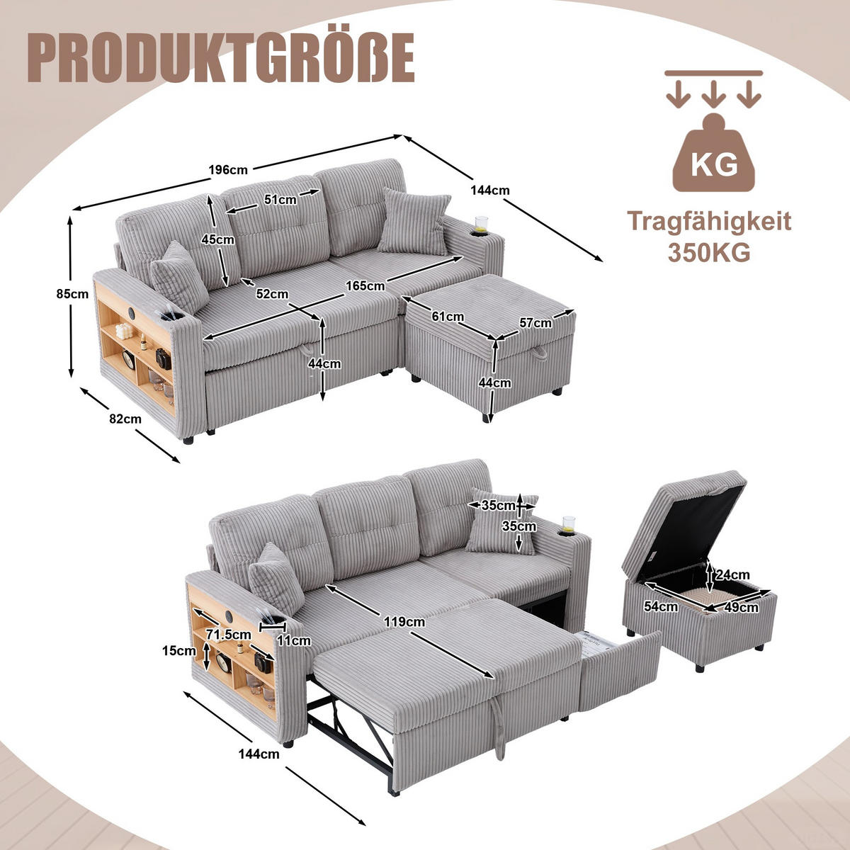 SCHLAFSOFA 3-er Sofa mit Schlaffunktion,Aufbewahrungshocker,Cord,Hellgrau - Hellgrau, Textil (196/85/119cm) - LVHOM