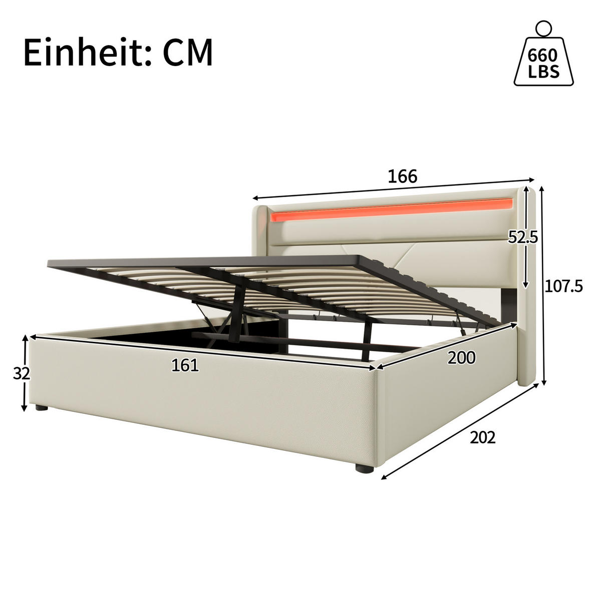 BETT mit LED und Bettkasten 160x200 cm PU Weiß - Weiß, Metall (160/200cm) - Meubliv
