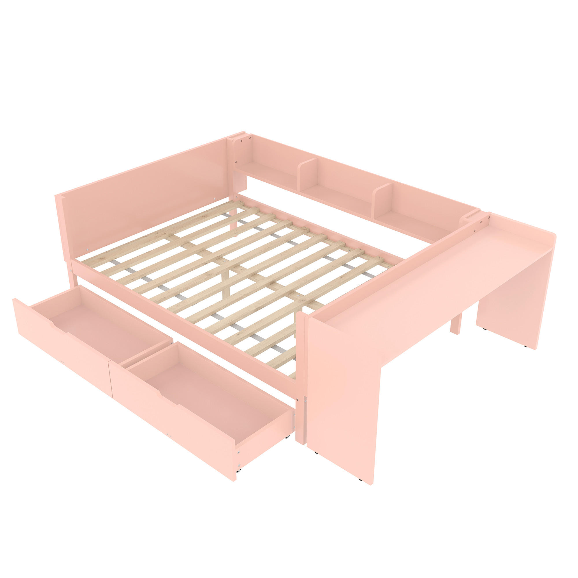HOLZBETT 140/200 cm DE-04765, mit Schreibtisch, 2 Schubladen und Regalen in Rosa - Pink, Holz/Holzwerkstoff (140/200cm) - ComfortXL