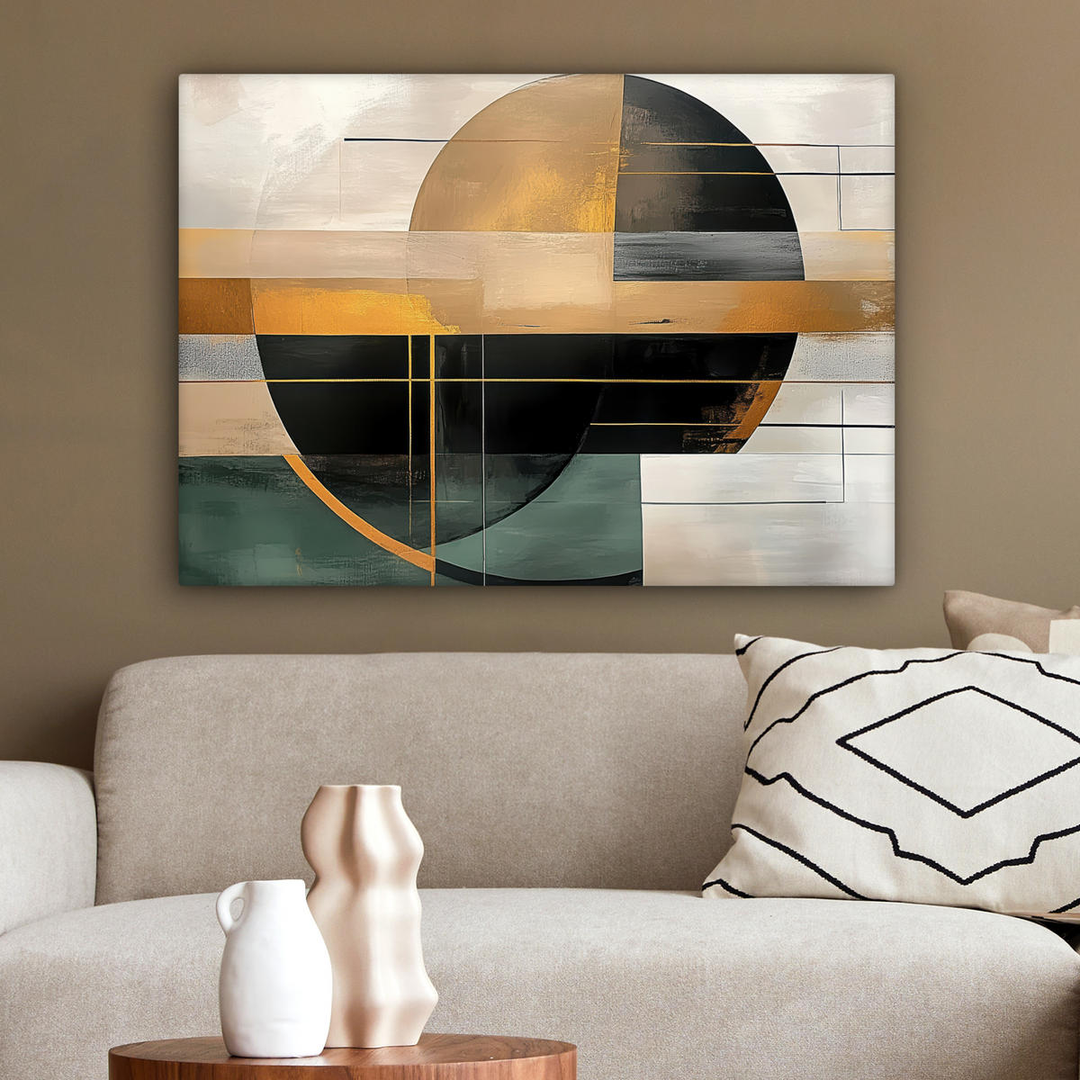 LEINWANDBILD - Abstrakt - Gold - Bronze - Grün - Formen - Modern - 80x60 - Malerei - Multicolor, Textil (80/60cm) - MuchoWow