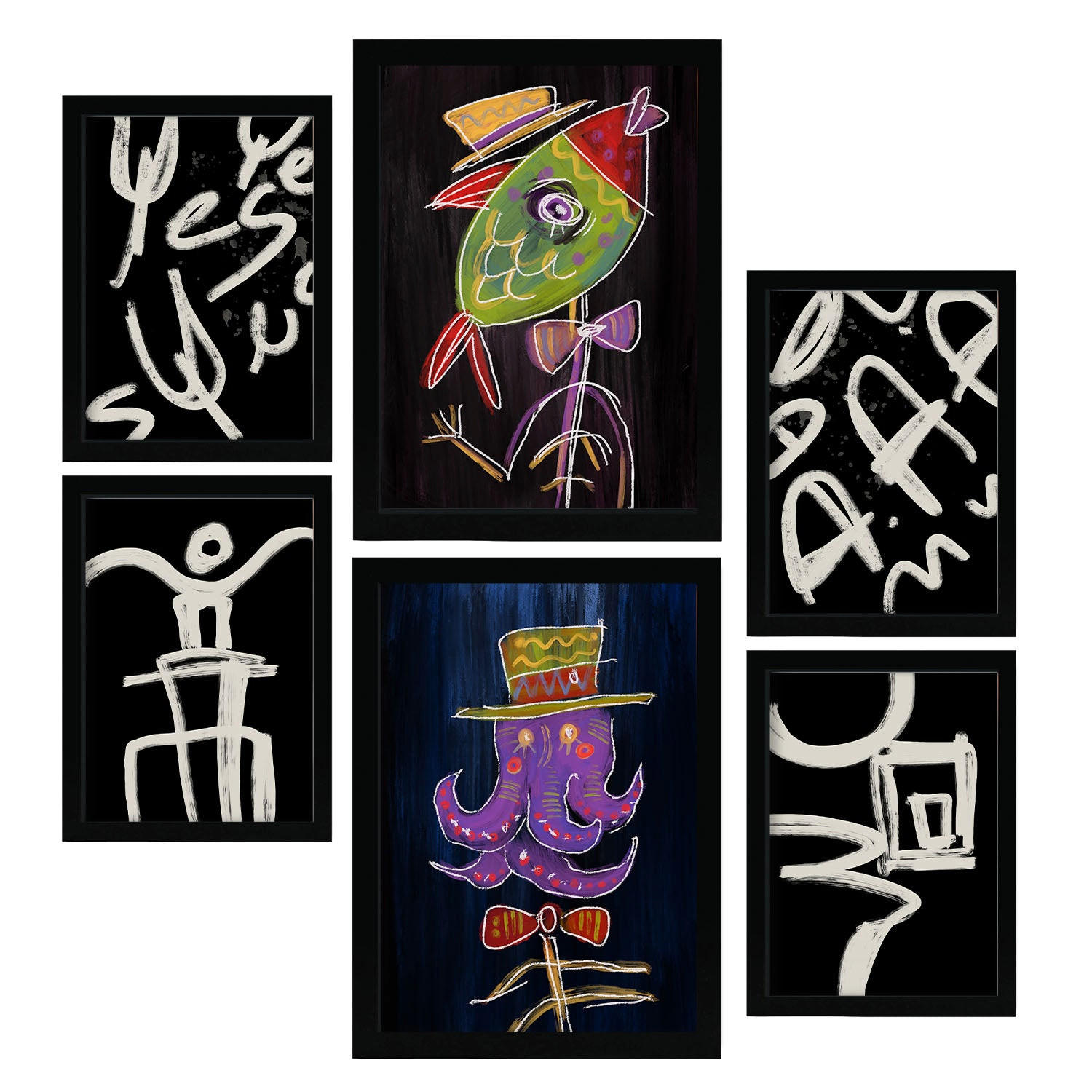 POSTER Set Mit 6 Aufsichtsfang 1 In Tiere Zusammenfassungen A3 & A4 Schwarzer Rahmen - Schwarz, Papier (29/3cm) - Nacnic