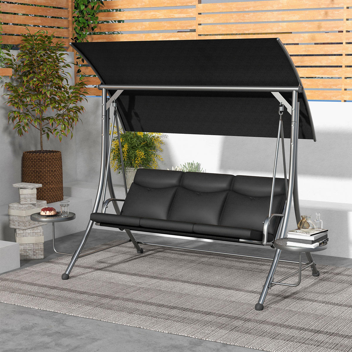 HOLLYWOODSCHAUKEL mit Couchtische 3-Sitzer Gartenschaukel mit Sonnendach Schwarz - Schwarz, Metall (135/177/278cm) - Outsunny