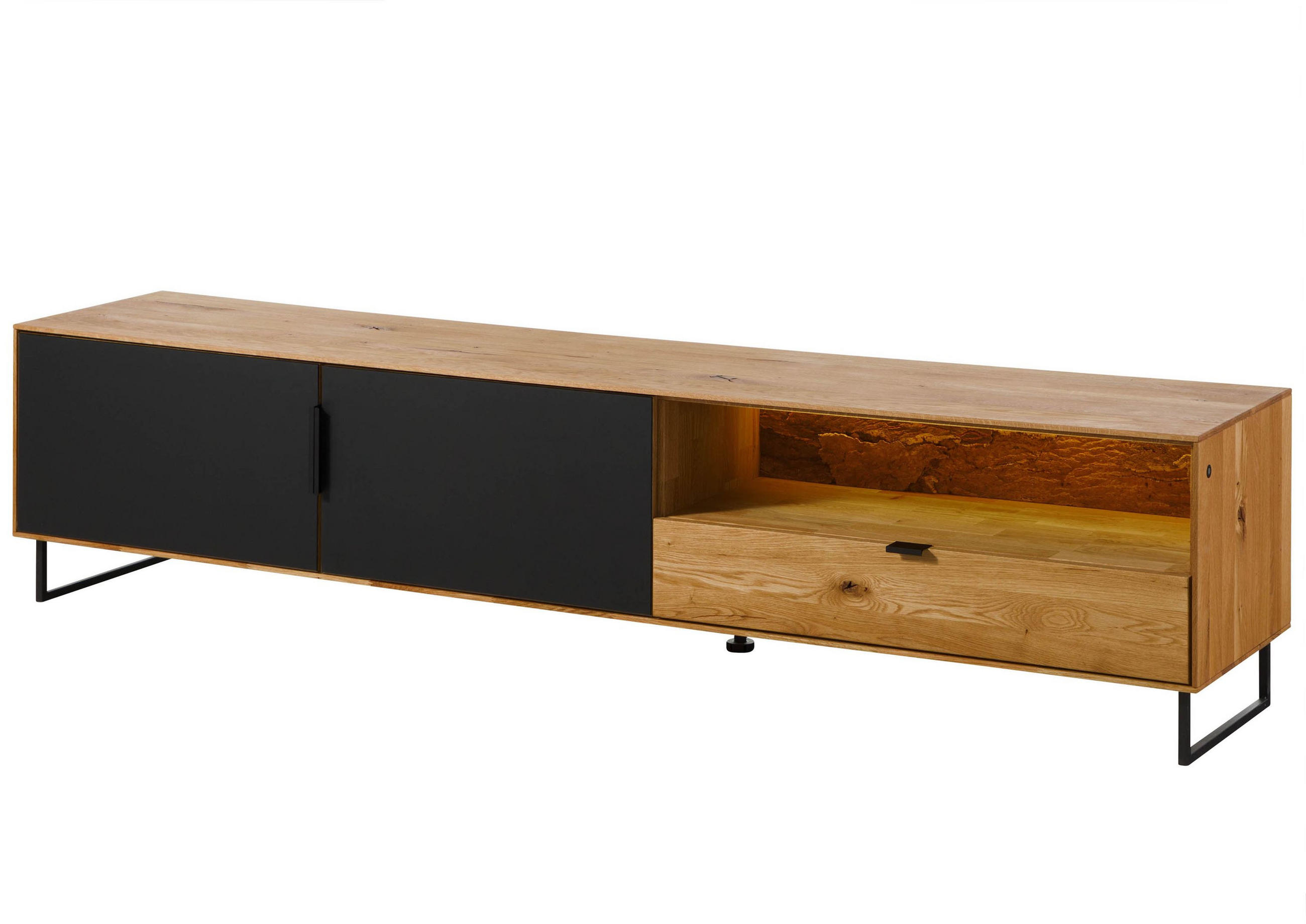 LOWBOARD Wildeiche mit Glastür 220x43x51 natur geölt LINDAU #126 - Schwarz/Naturfarben, Holz (220/51/43cm) - Massivmoebel24