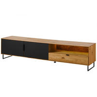 LOWBOARD Wildeiche mit Glastür 220x43x51 natur geölt LINDAU #126 - Schwarz/Naturfarben, Holz (220/51/43cm) - Massivmoebel24