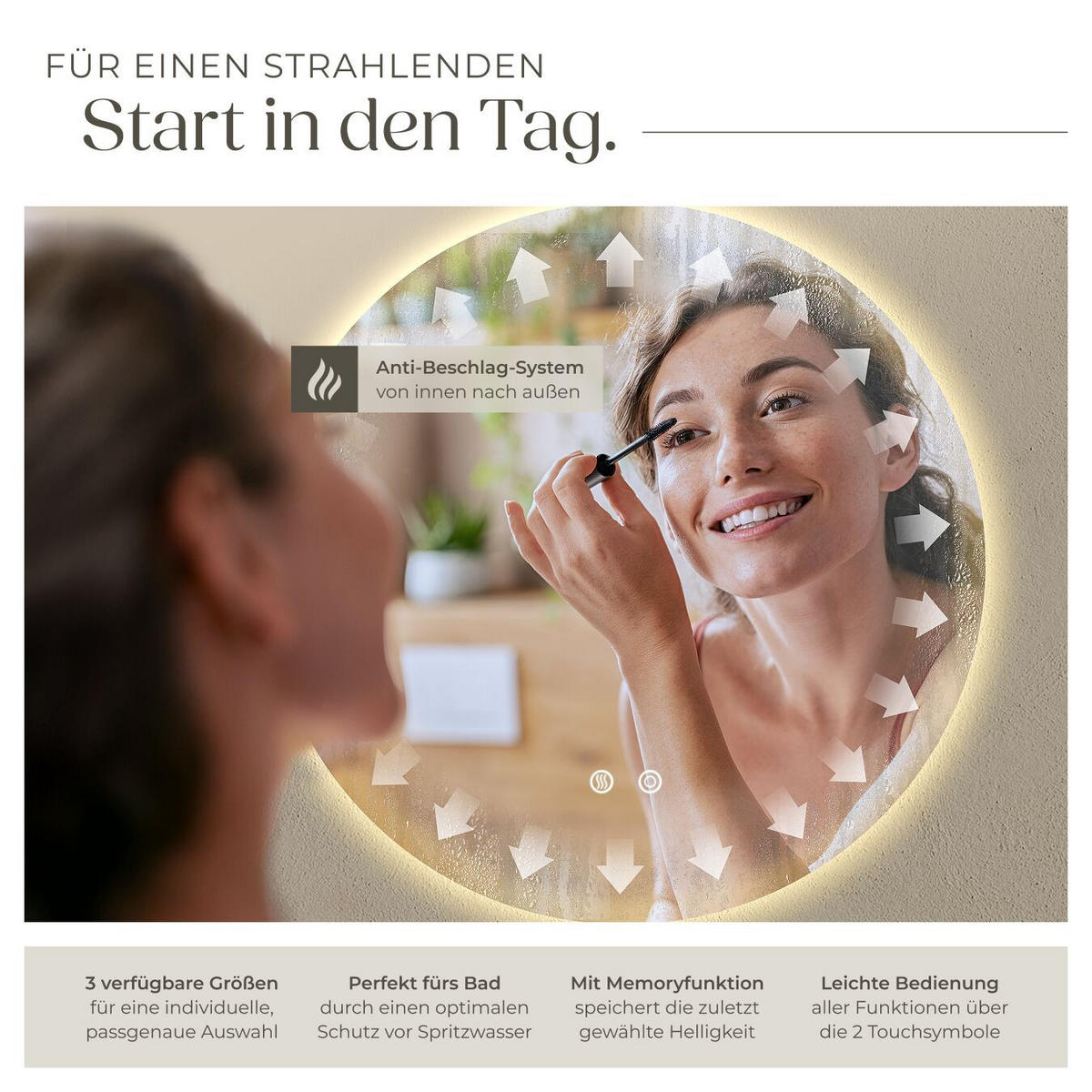 LED-BADEZIMMERSPIEGEL rund Aurora, inklusive Spiegelheizung, weiß - Weiß, Glas (80/80/3.5cm) - tectake