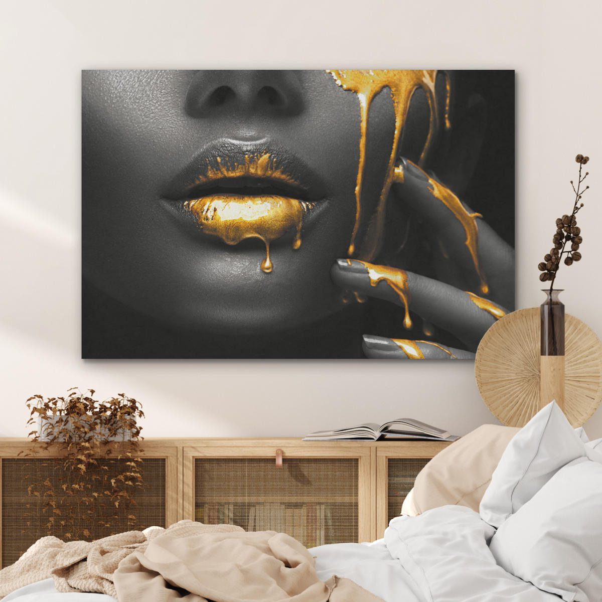AKUSTIKPANEEL Frau - Schwarz - Gold - Gesicht - Lippen 100x70 cm - Goldfarben, Textil (100/0.9/70cm) - MuchoWow