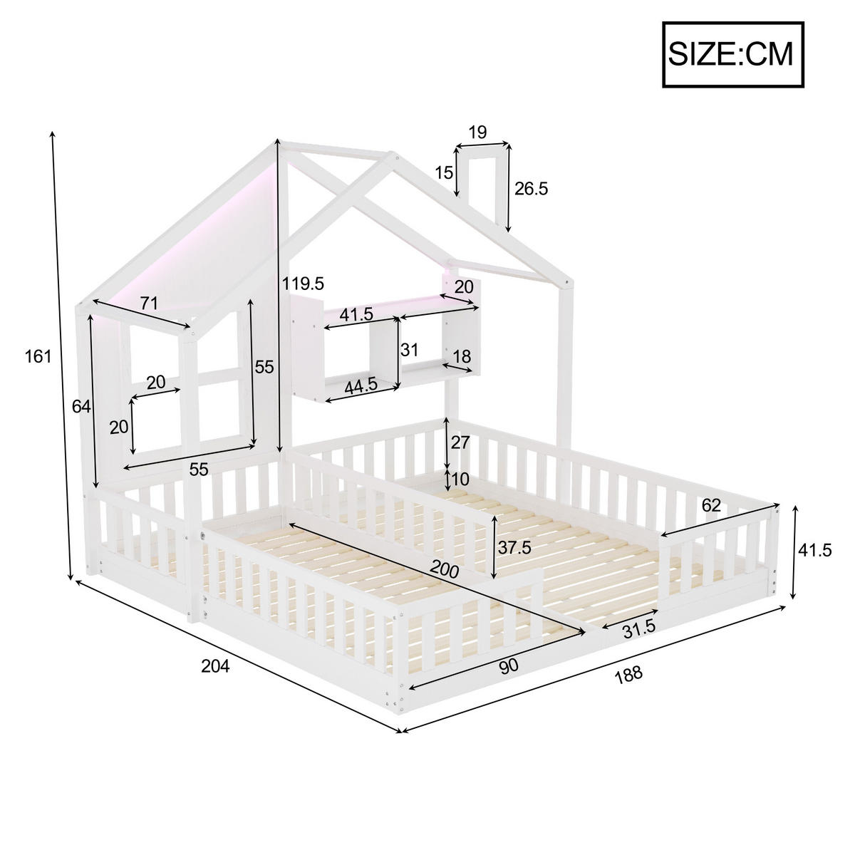 HAUSBETT 90/200 cm weiß aus Massivholz mit LED und Stauraum - Weiß, Holz (90/200cm) - OKWISH