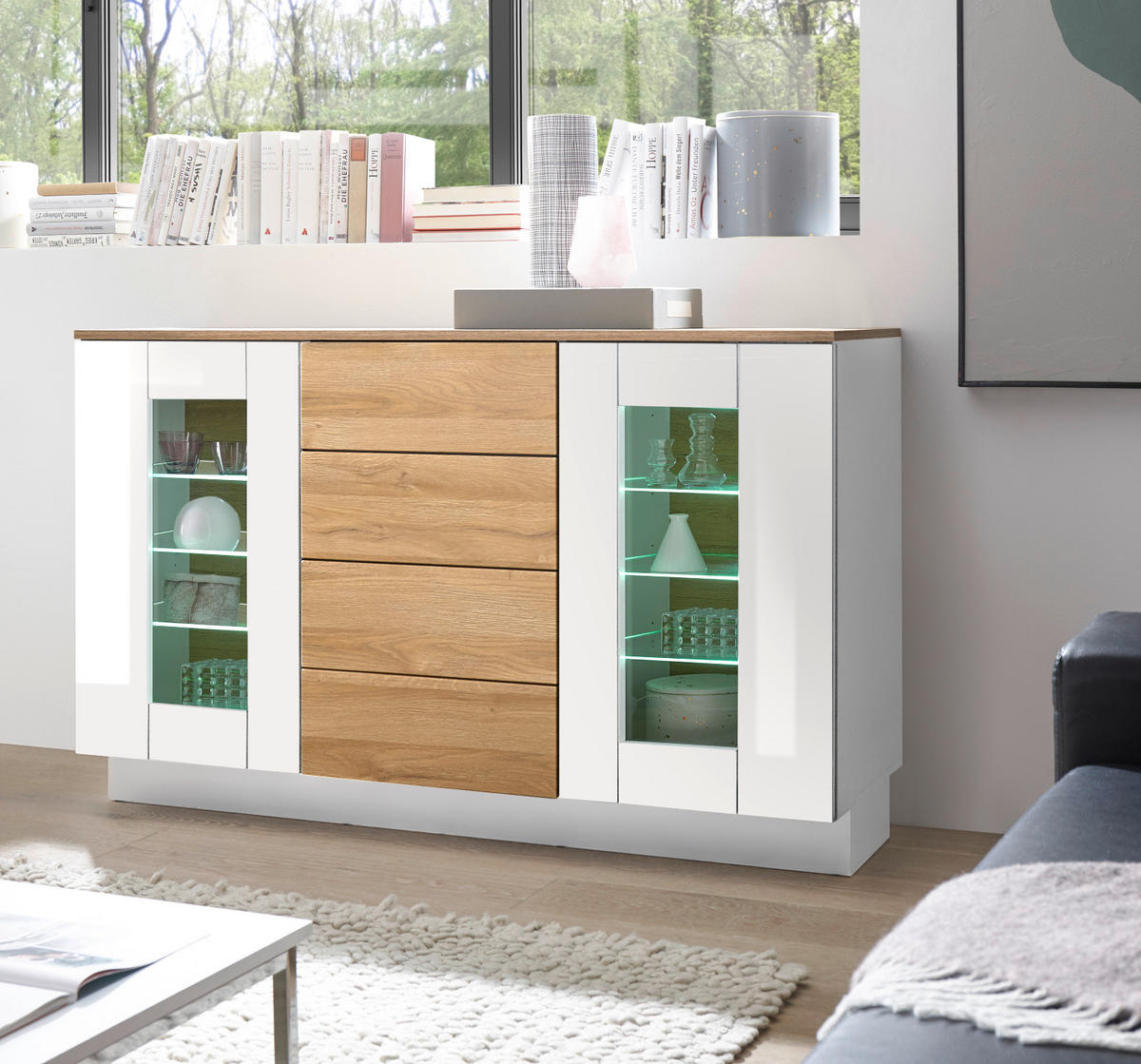 SIDEBOARD weiß Hochglanz, Grandson Eiche, Kommode 136 x 85 cm - Weiß Hochglanz/Eichefarben, Holzwerkstoff (136/85/43cm) - Furn.Design
