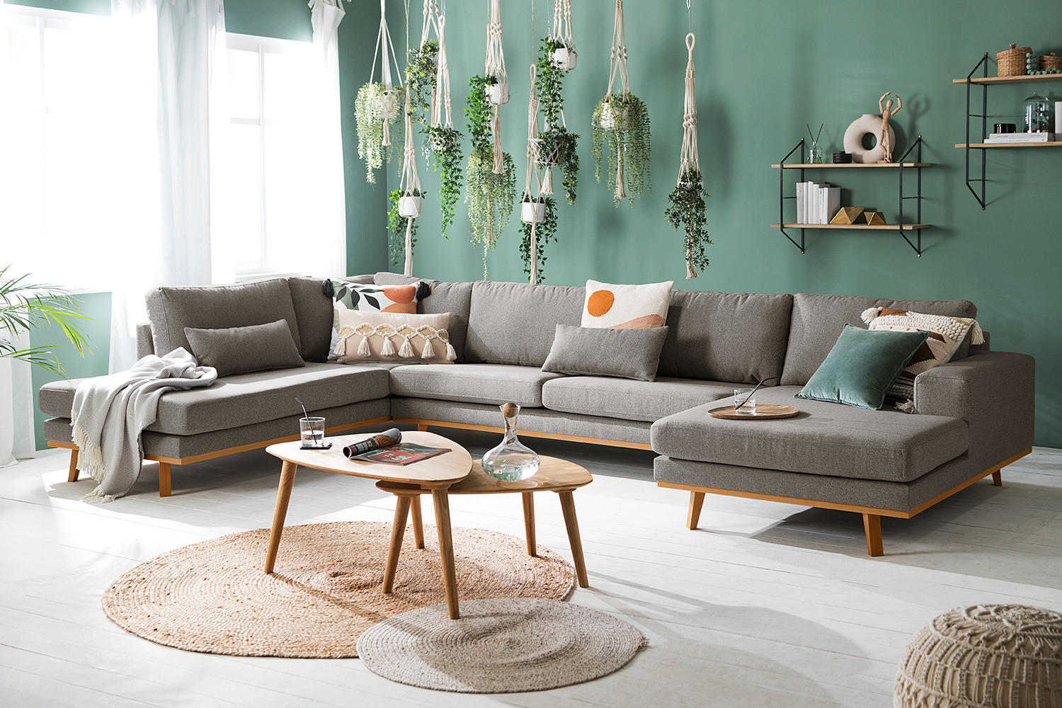 WOHNLANDSCHAFT mit Longchair - Graubraun/Buchefarben, Textil (371/81/219cm) - home24