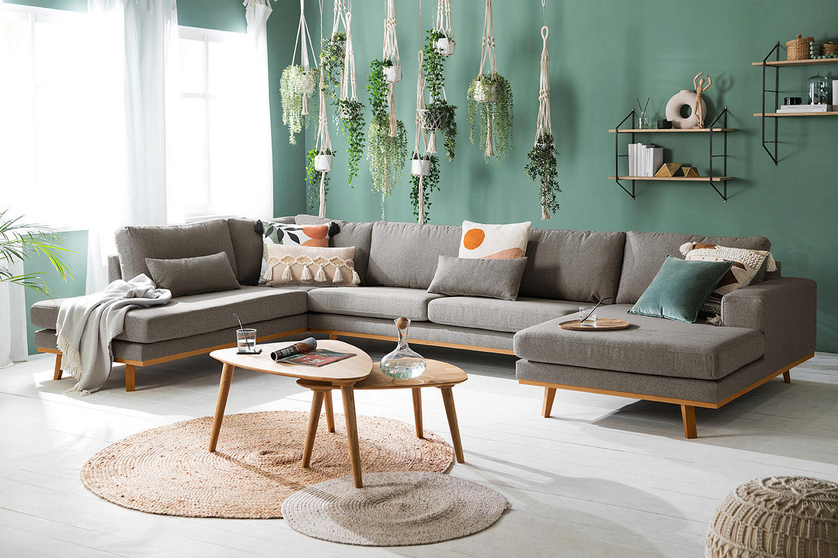 WOHNLANDSCHAFT mit Longchair - Graubraun/Buchefarben, Textil (371/81/219cm) - home24