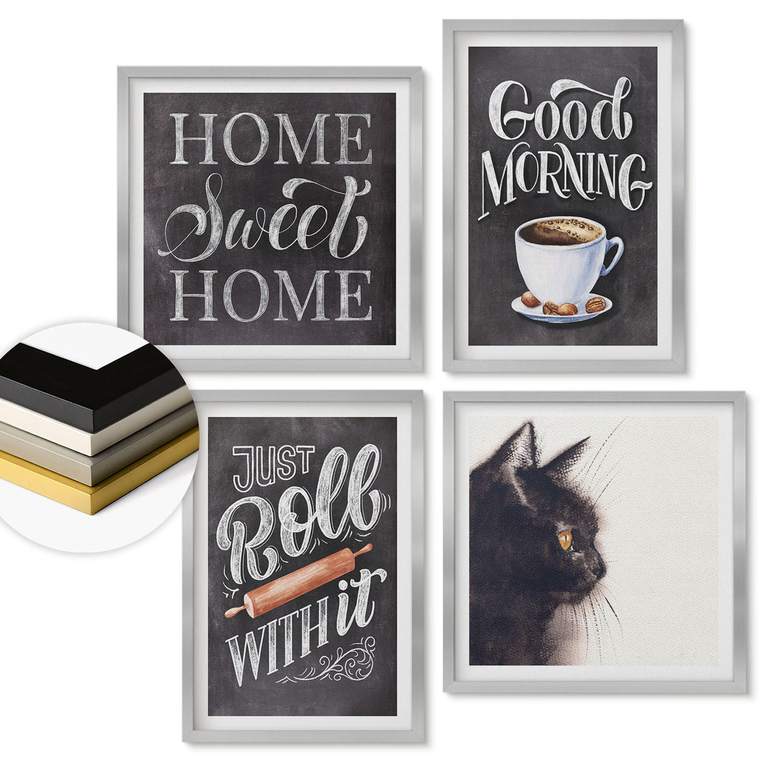 WANDBILDER 4er Set - 50x50 cm & 40x60 cm Silberner Rahmen - Hausküchenthemen Katze - Silberfarben, Kunststoff (50/50cm) - ArtPrintCave