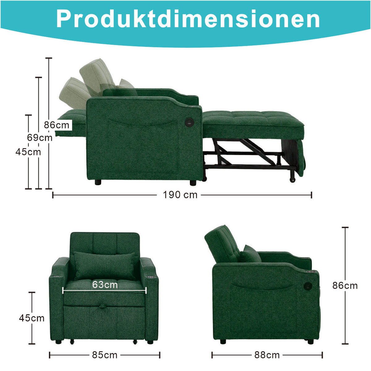 SCHLAFSESSEL DE-35033 3-in-1 mit USB-C und Getränkehalter Grün - Grün, Holz (85/86/190cm) - ComfortXL