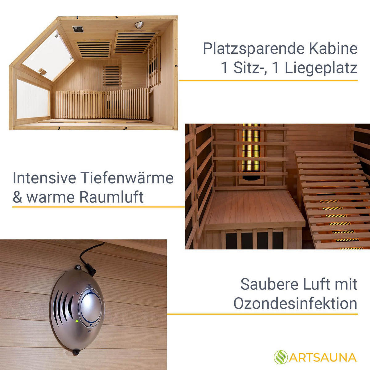 INFRAROTKABINE Esbjerg mit Triplex-Heizsystem & Hemlockholz - Naturfarben, Holz (130/190/190cm) - Artsauna