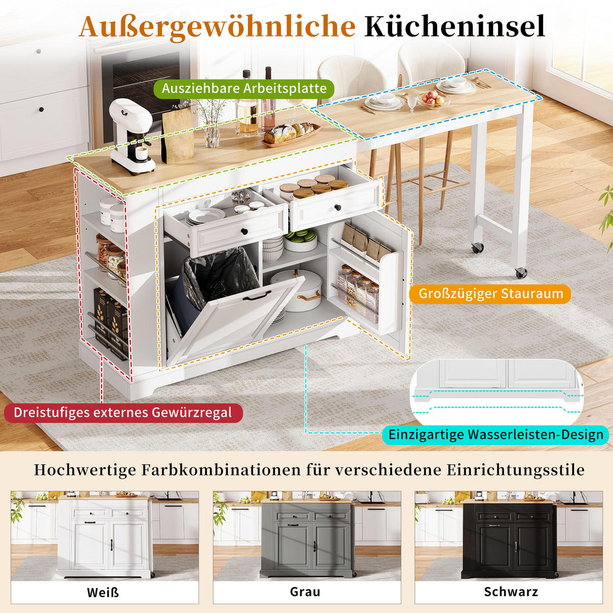 KÜCHENINSEL 112-180/45.2/92 cm Weiß mit 2 Schubladen, Abfallbehälterfach und Rollen - Weiß, Holz (45/92/116cm) - Oxeza