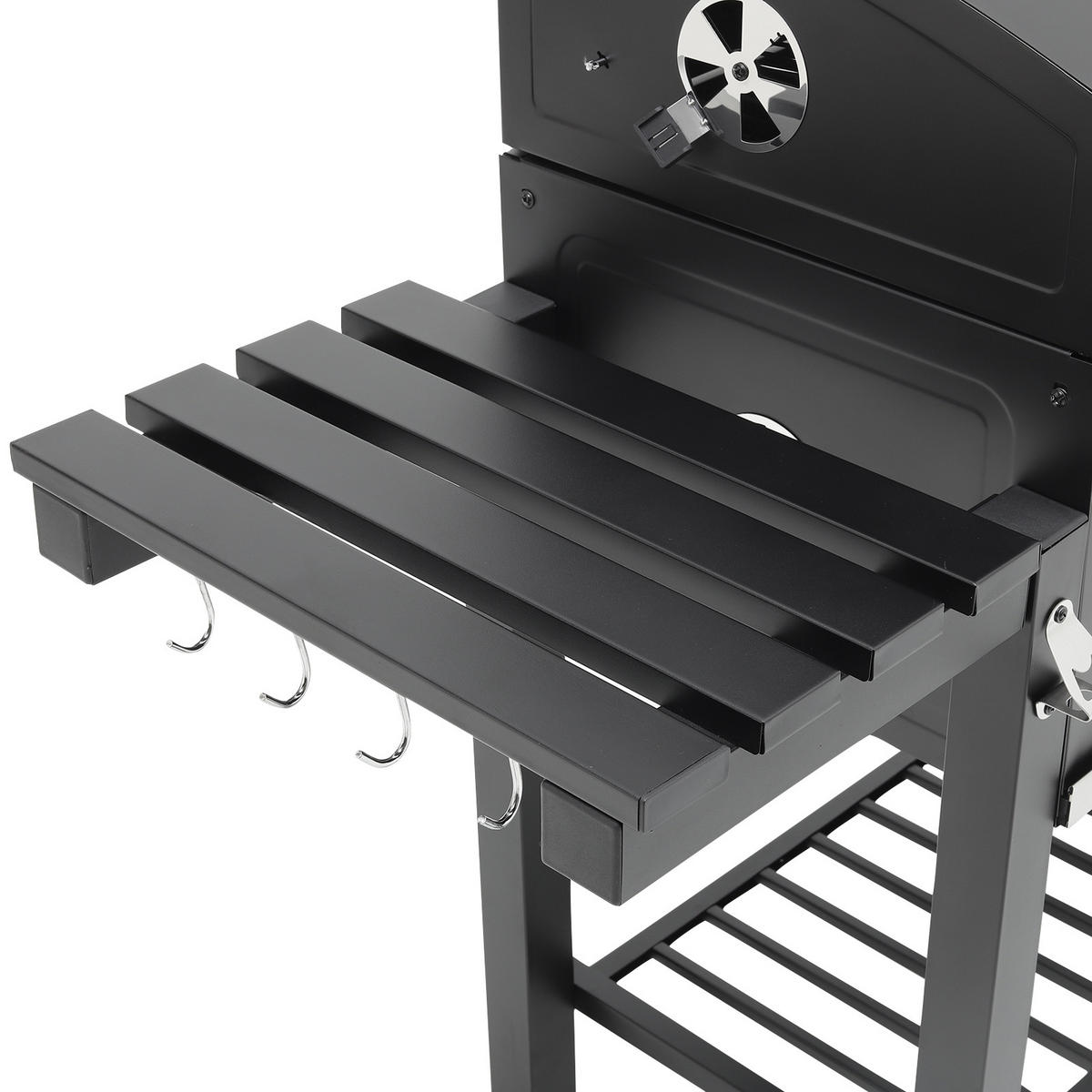 HOLZKOHLEGRILL aus Karbonstahl in Schwarz Tragbarer für den Außenbereich mit Seitenablagen 183 cm B x 40 cm T x 108 cm H - Schwarz, Metall (183/108/40cm) - Livingandhome