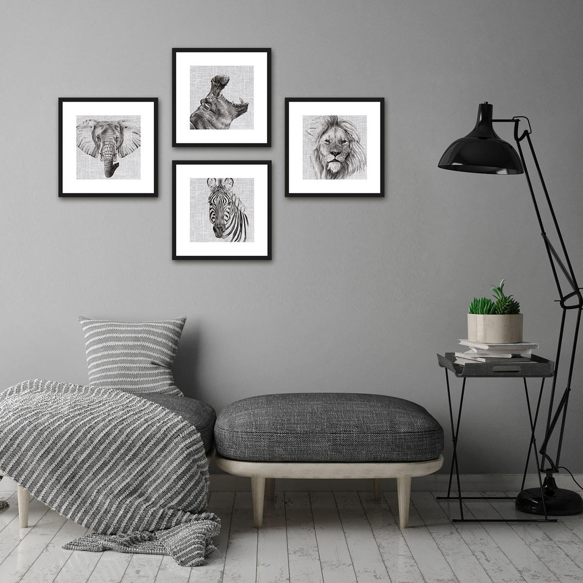 BILDER-SET mit Rahmen 4 x 30x30 cm Tiere schwarz weiß - Weiß, Holz (30/30cm) - artissimo