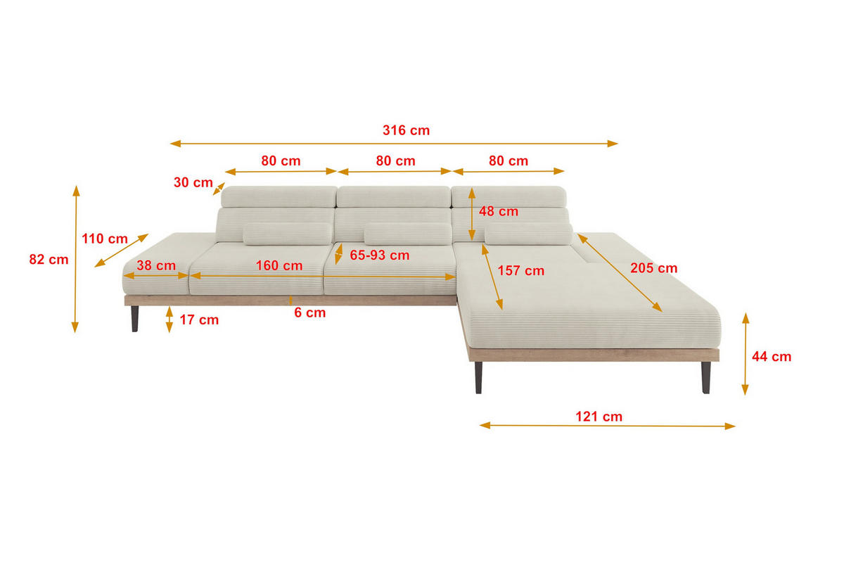 ELEKTRISCHES ECKSOFA Rechts MONA 316x205x85 Creme Cord - Ecru/Creme, Holzwerkstoff/Textil (316/205cm) - ALTDECOR