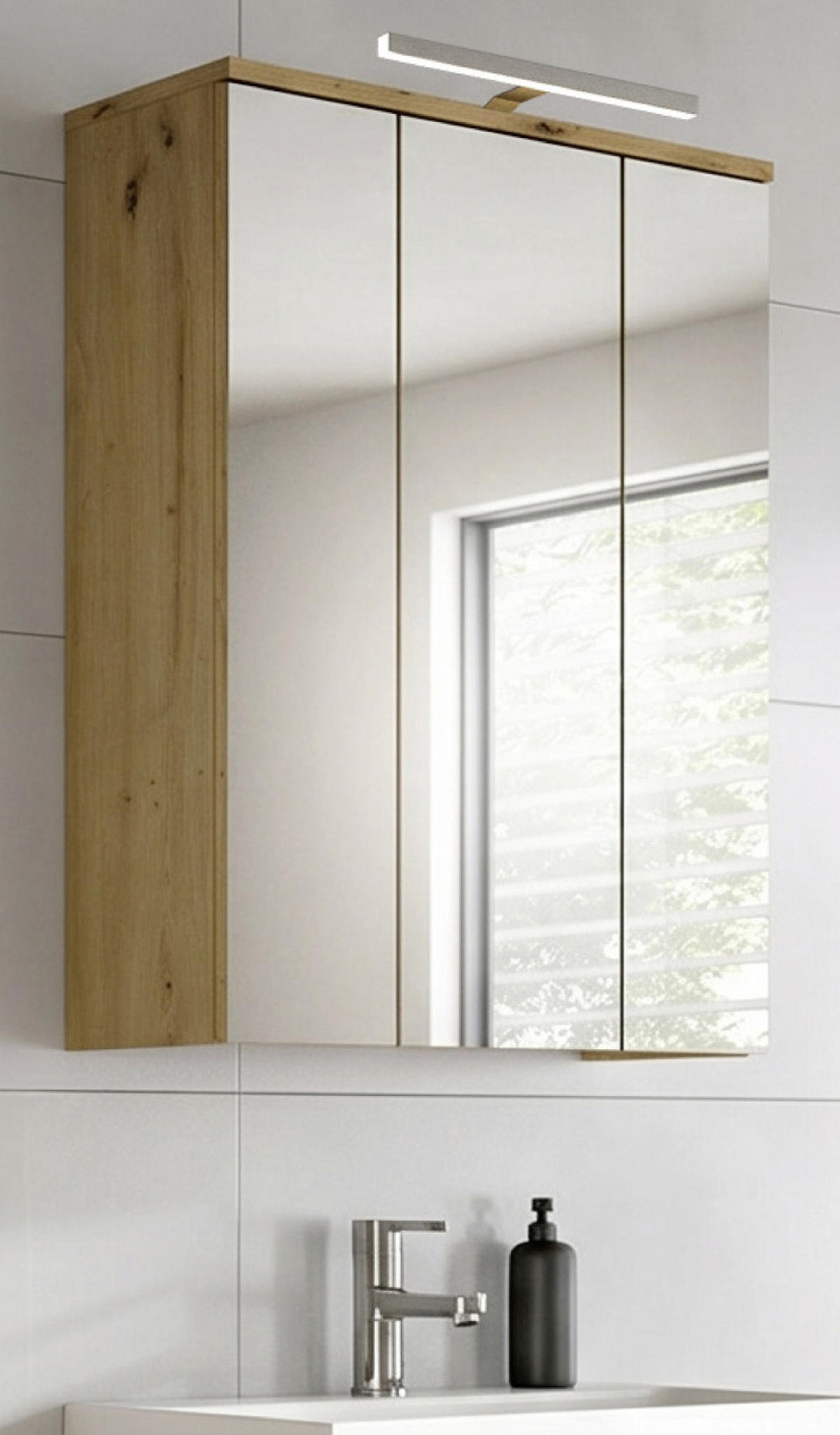 SPIEGELSCHRANK Eiche Artisan 60 x 77 cm, Badschrank inklusive LED-Beleuchtung - Schwarz/Eiche Artisan, Glas/Holzwerkstoff (60/77/22cm) - Inn.Furn
