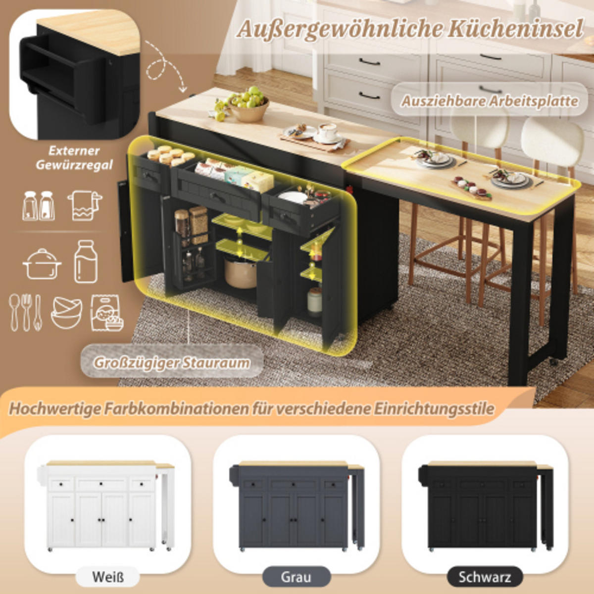 KÜCHENINSEL mit seitlich ausziehbarer Arbeitsplatte schwarz-natur 137-190,6×45,2×92 cm aus MDF - Schwarz, Holzwerkstoff (190.6/92/45.2cm) - Luhomfu