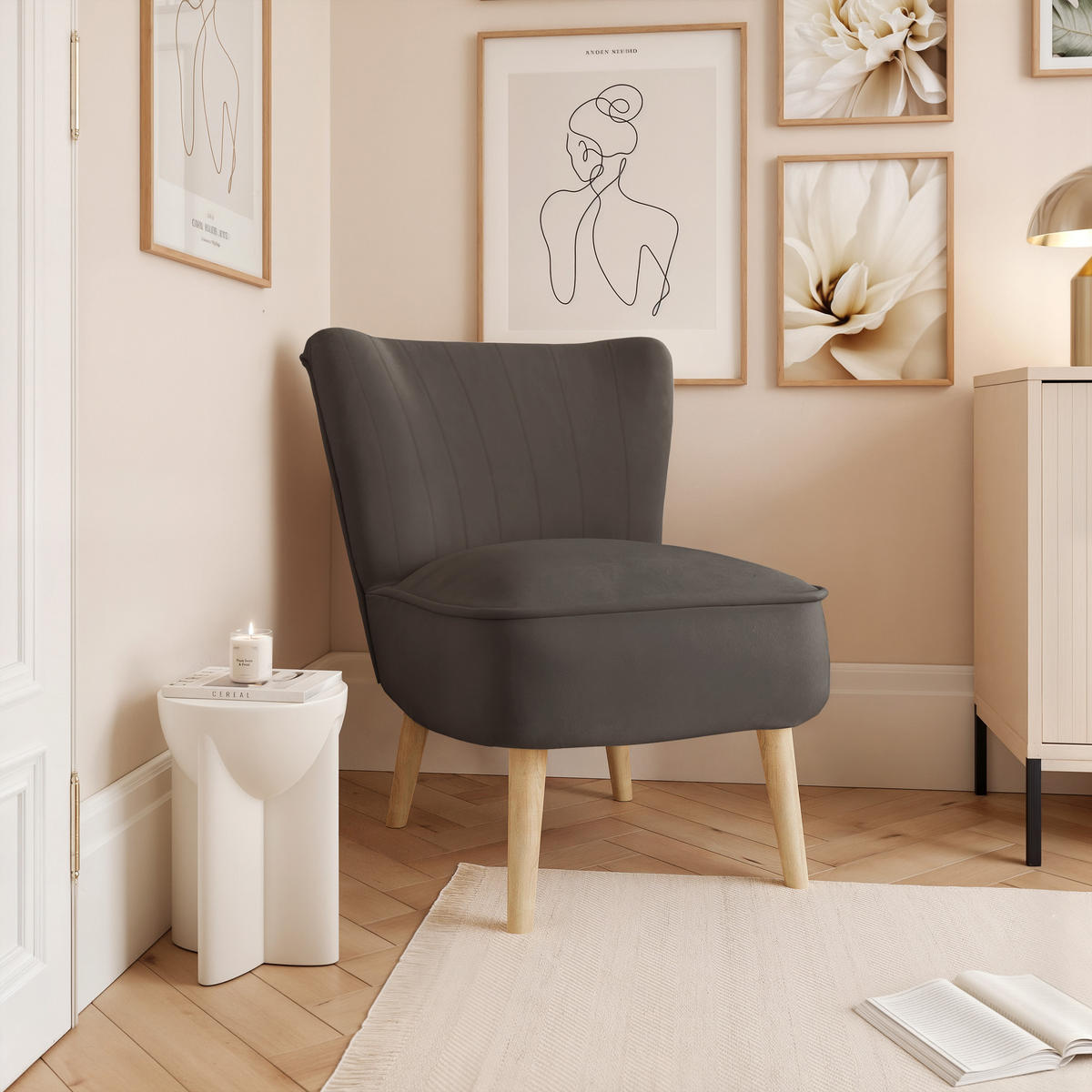 SESSEL DANTE 67/76/76 cm, Samtstoff Dunkelgrau - Dunkelgrau/Buchefarben, Holz/Textil (67/76/76cm) - Idohome