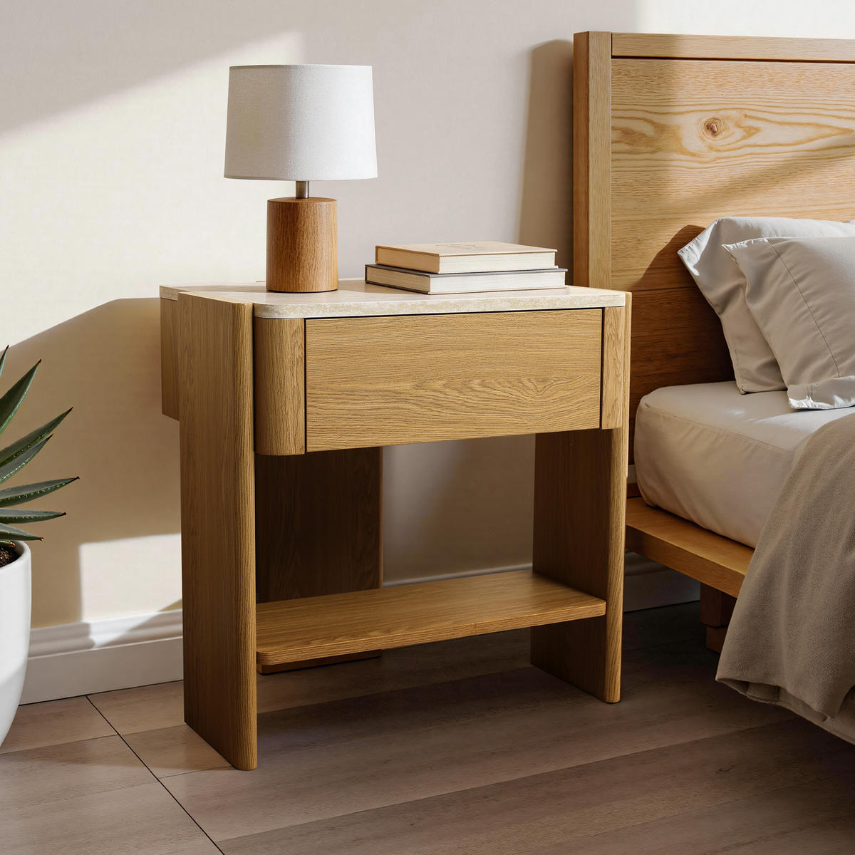 NACHTTISCH Modern mit Marmoroptik, Eiche, MDF | B55 x T40 x H53 cm - Eichefarben, Holz (55/53/40cm) - Hometopia