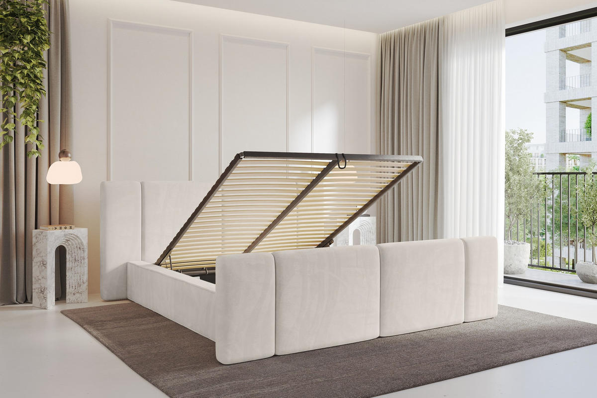POLSTERBETT mit Bettkasten, Fußteil und Lattenrost, Boxbett ohne Matratze - RIVO-Z 200x200 Beige - Ecru, Holzwerkstoff/Textil (200/200cm) - ALTDECOR