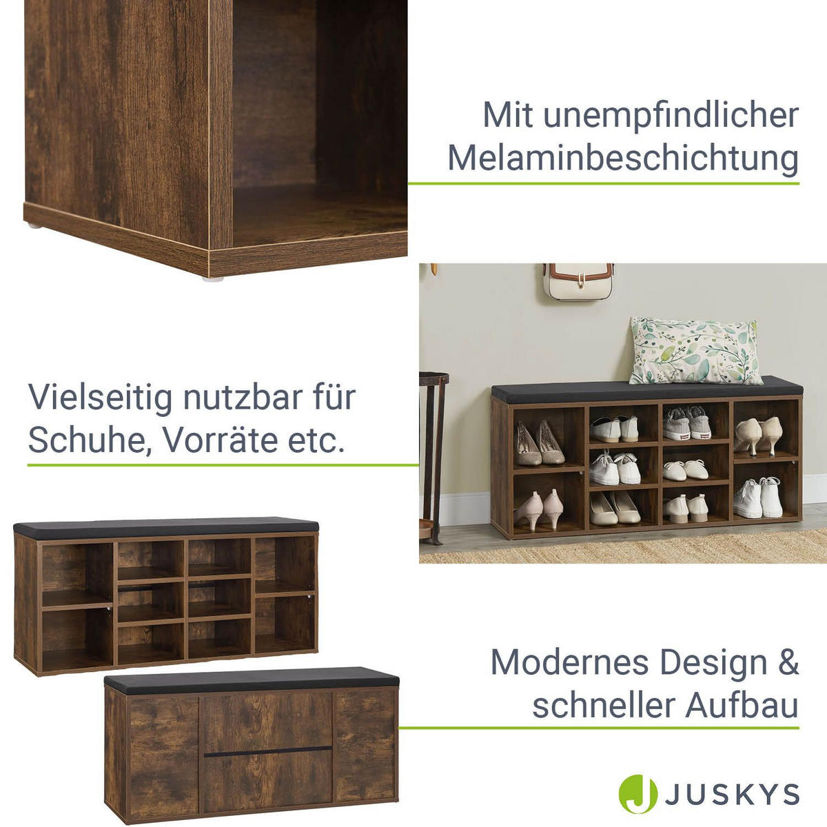 SCHUHREGAL mit Polsterung & 10 Fächern Antikbraun 104 x 30 x 48 cm - Braun, Holz (30/48/104cm) - Juskys