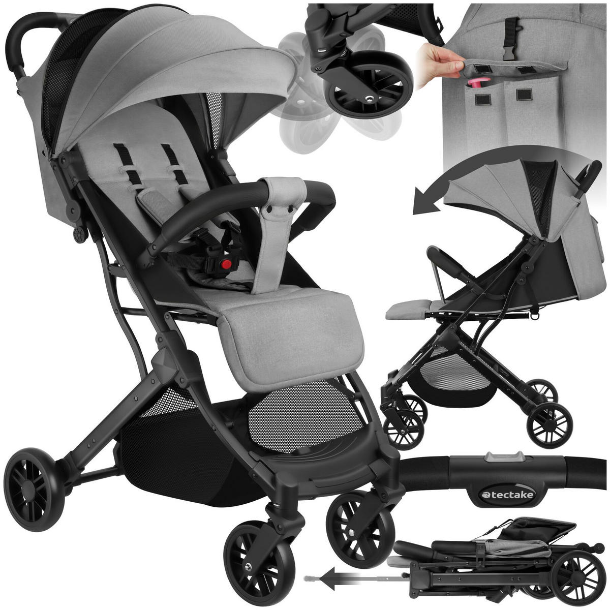 BUGGY-KINDERWAGEN Finn, für 0 bis 36 Monate geeignet, Belastbarkeit 15 kg, grau - Grau, Textil (95/51/105cm) - tectake