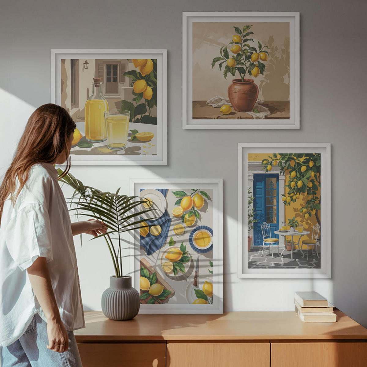 WANDBILDER 4er-Set - 50x50 cm & 40x60 cm Weißer Rahmen - Zitronengarten mit Getränken - Weiß, Kunststoff (50/50cm) - ArtPrintCave