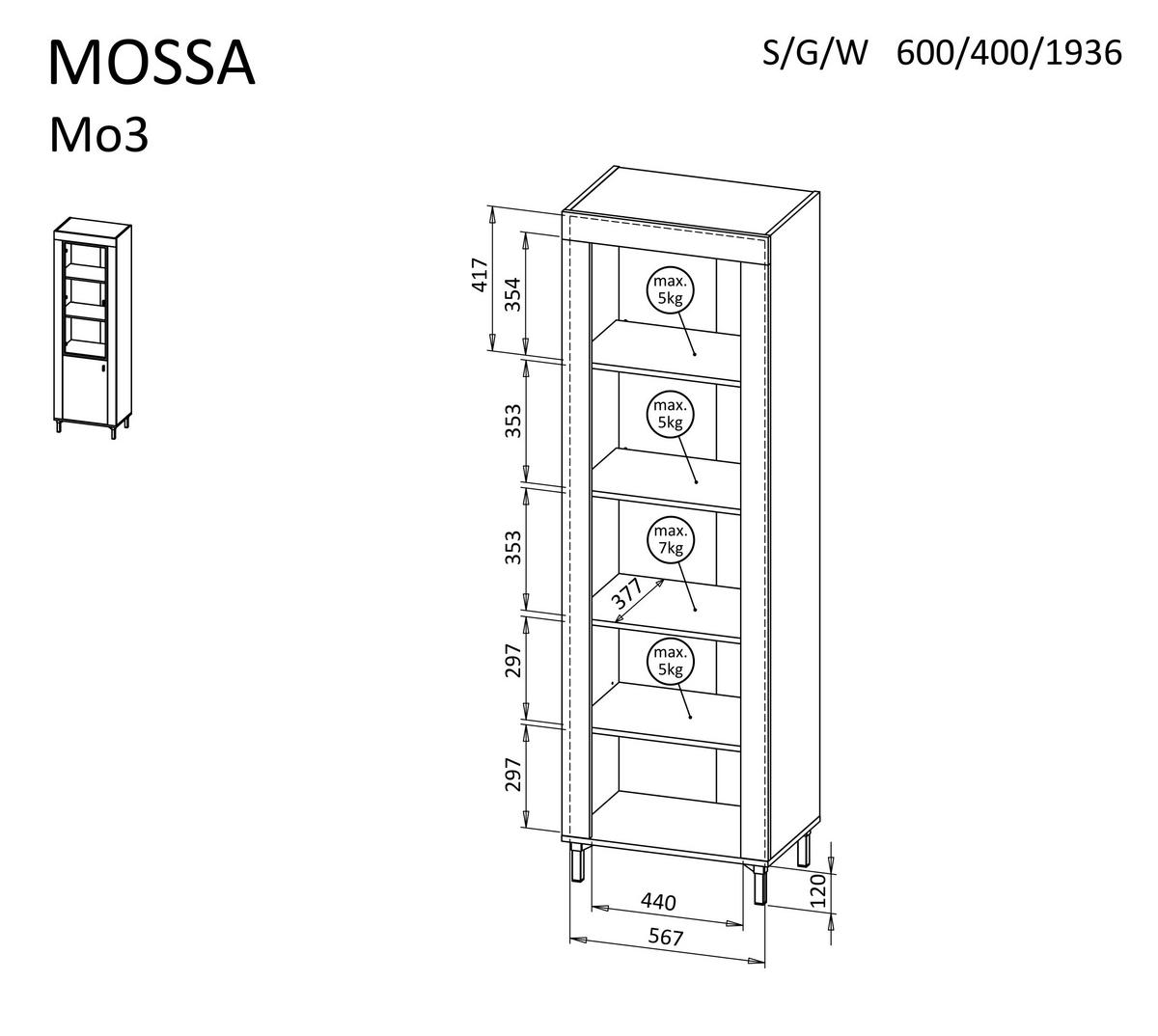 VITRINE Mossa Weiß, mit LED - Schwarz/Weiß, Holzwerkstoff (60/194/40cm) - Bettso