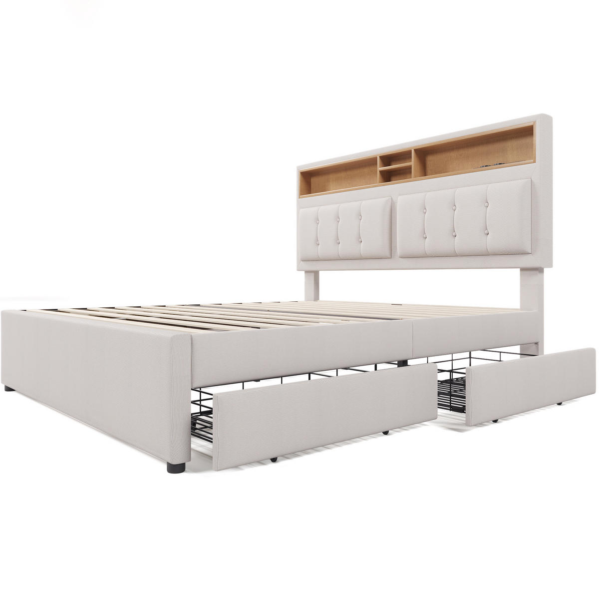 POLSTERBETT 160/200 cm beige mit USB-Anschlüssen und höhenverstellbarem Kopfteil mit Matratze - Beige, Textil (160/200cm) - OKWISH