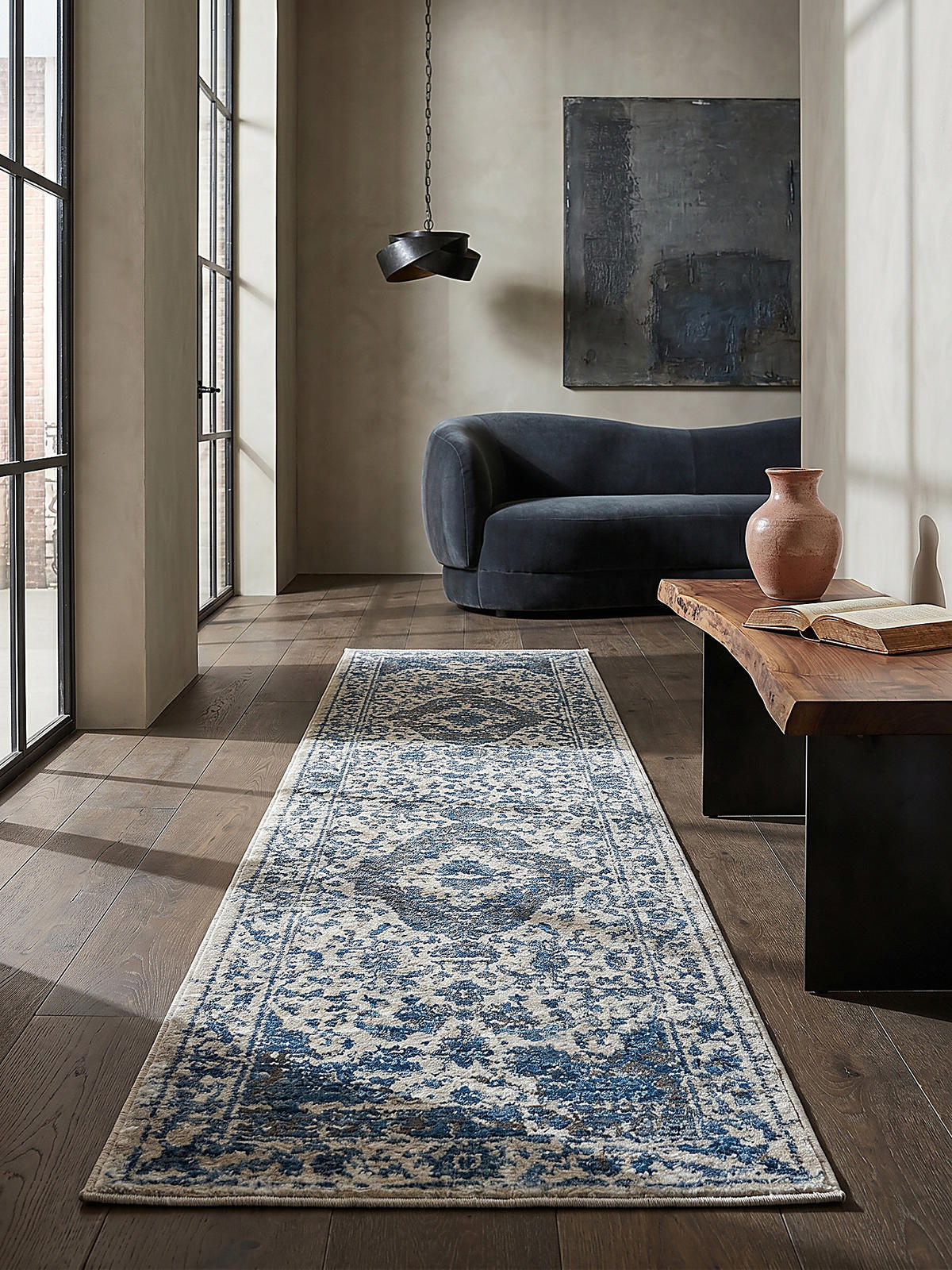 TEPPICH Vintage Kurzflor Medallion Muster, Orientalisch, Wohnzimmer Blau Läufer 60x230 - Blau, Textil (230/60cm) - KADIMA DESIGN