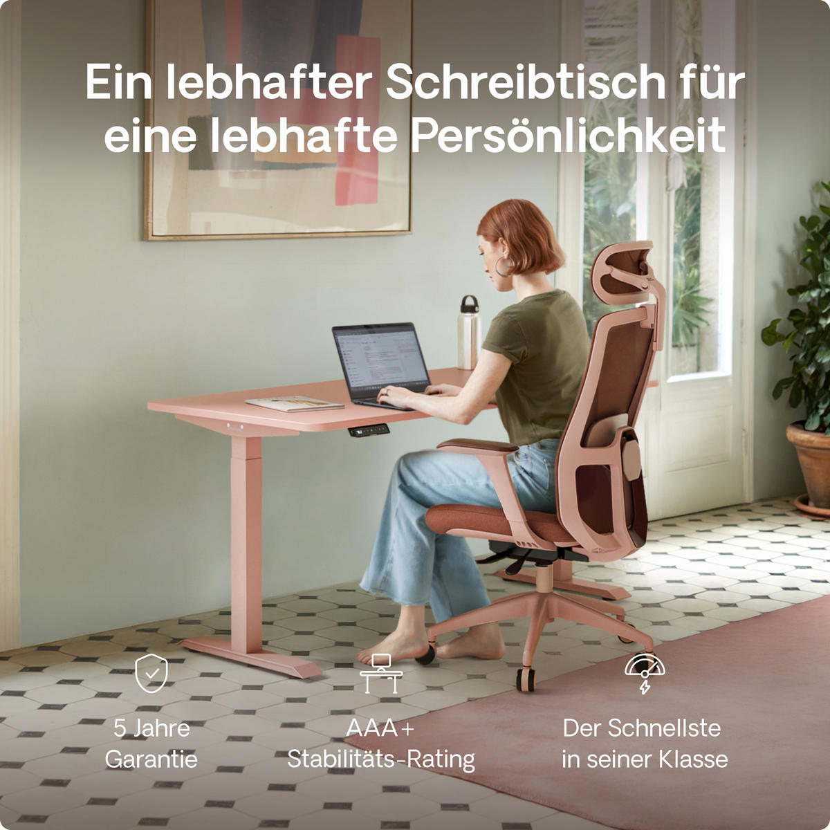 SCHREIBTISCH Elektrisch Höhenverstellbarer HomeOne 140x70cm Schwarz/Rosa mit Memory-Funktion, Anti-Kollisions Technologie - Pink/Schwarz, Holzwerkstoff (70/140/72cm) - Desktronic