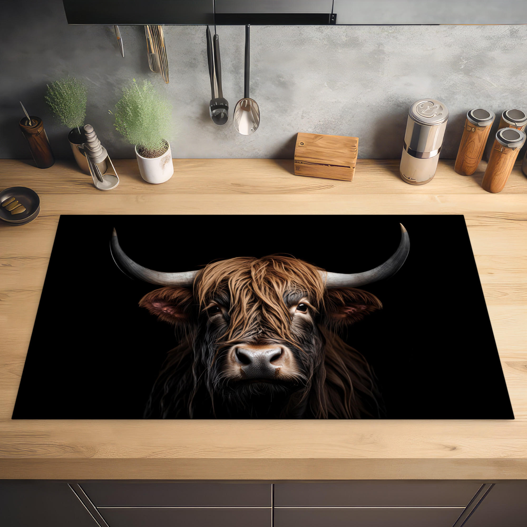HERDABDECKPLATTE Schottischer Highlander - Porträt - Schwarz - Tier 90x52 cm - Braun, Kunststoff (90/0.2/52cm) - MuchoWow