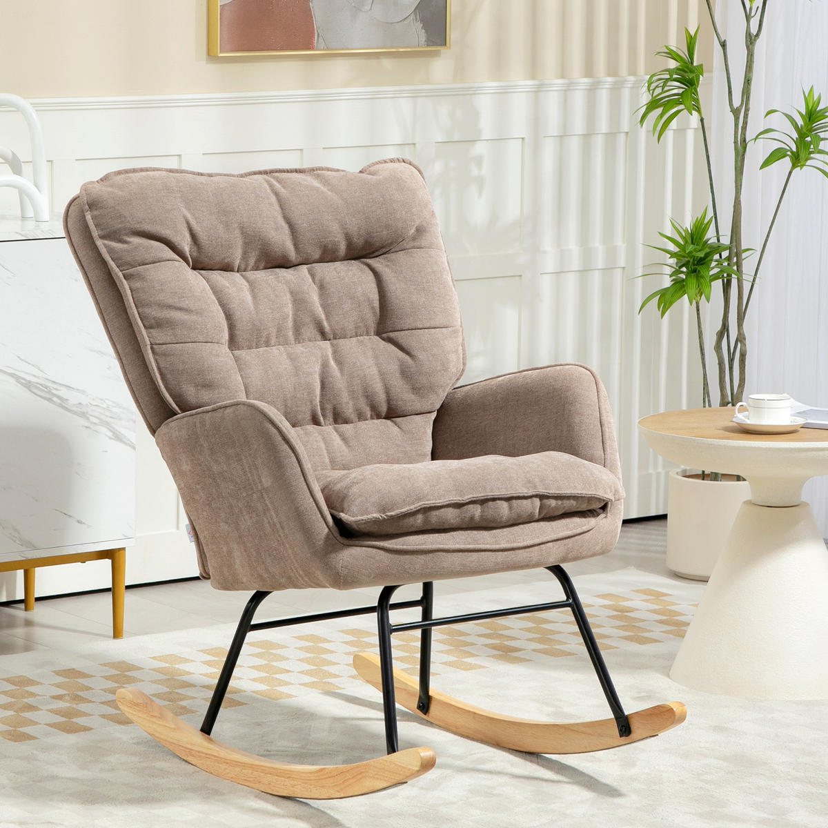 SCHAUKELSTUHL Schwingsessel Armlehnsessel mit Chenilleoptik für Schlafzimmer - Braun/Naturfarben, Holz/Textil (98.5/97/71cm) - HOMCOM